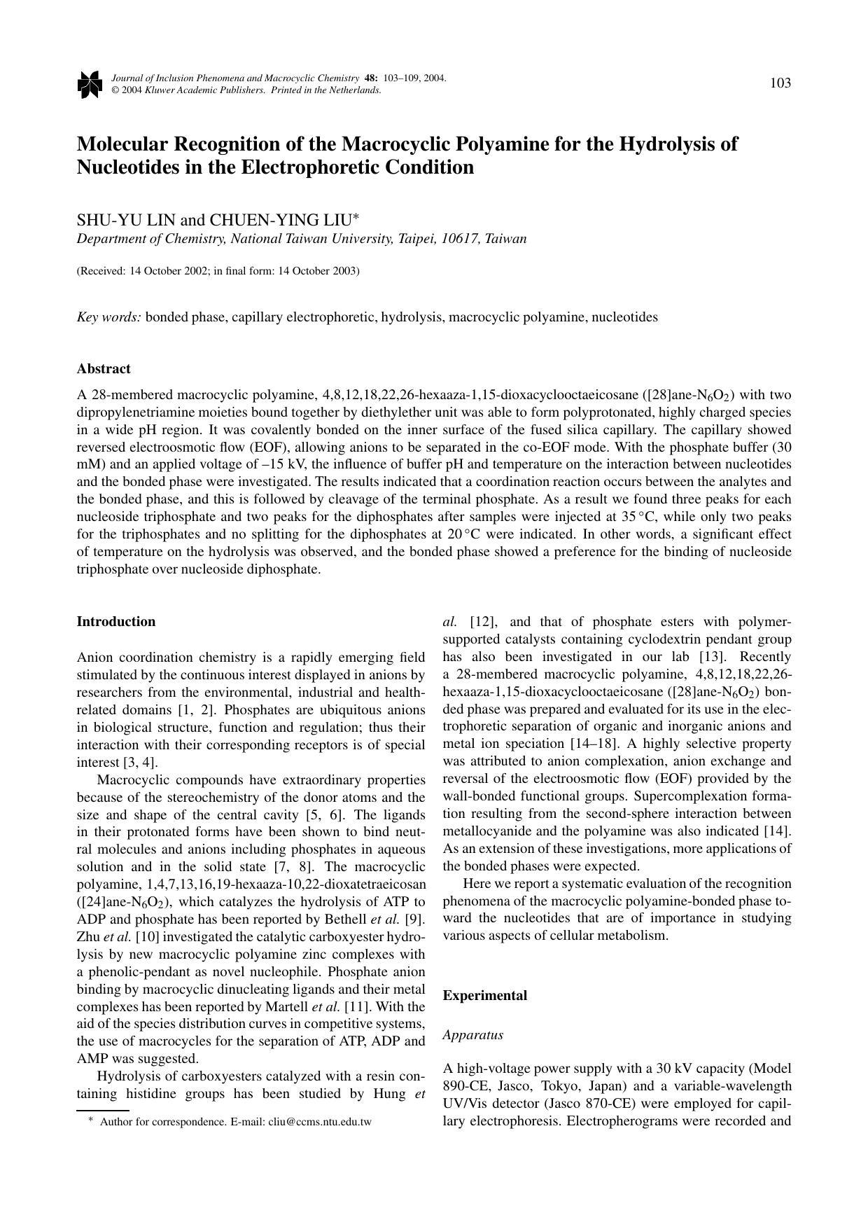 Molecular Recognition of the Macrocyclic Polyamine for the Hydrolysis of Nucleotides in the Electrophoretic Condition by Unknown