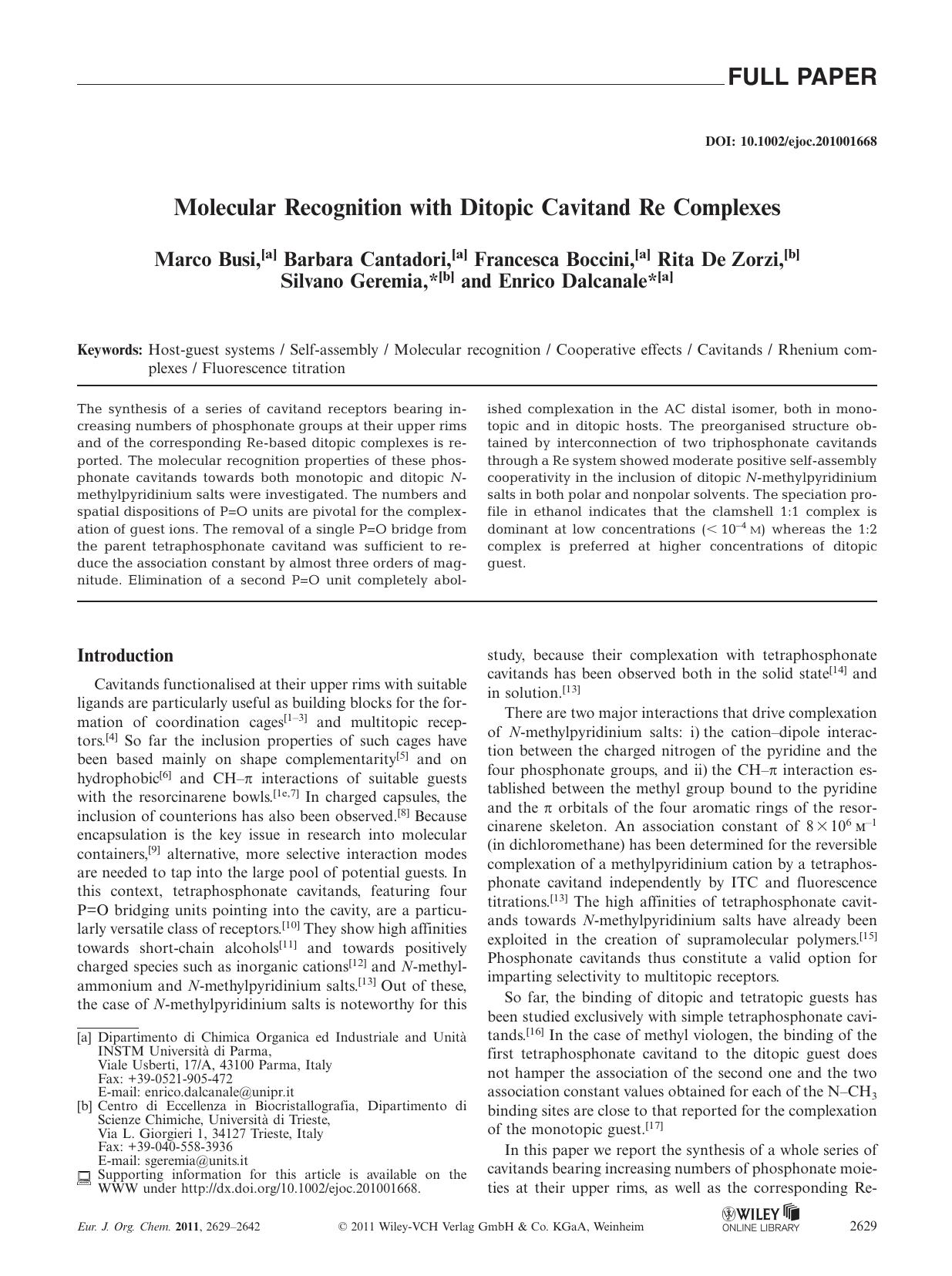 Molecular Recognition with Ditopic Cavitand Re Complexes by Unknown