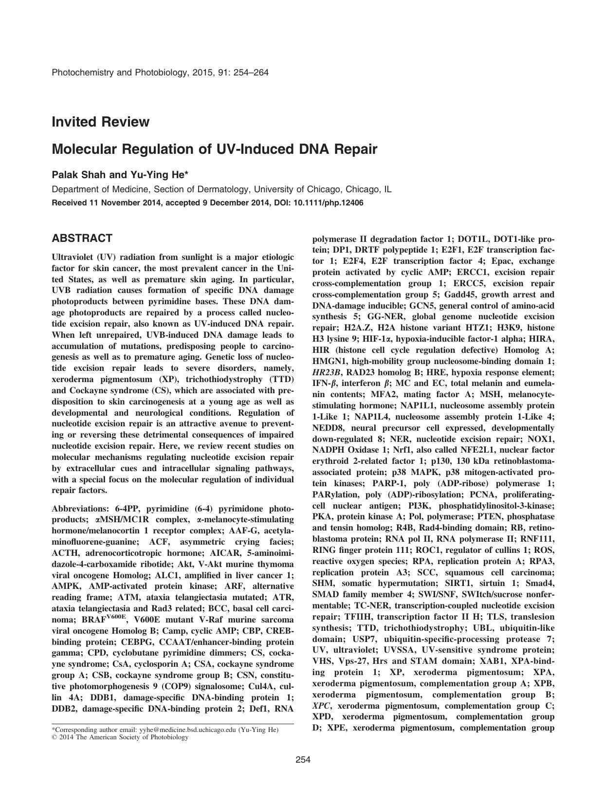 Molecular Regulation of UV&#x2010;Induced DNA Repair by Unknown