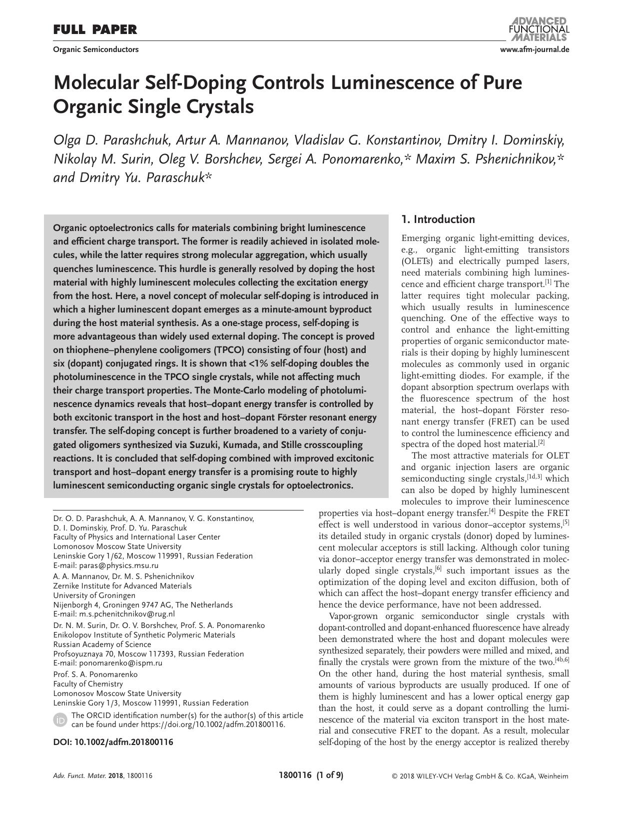 Molecular Self‐Doping Controls Luminescence of Pure Organic Single Crystals by Unknown