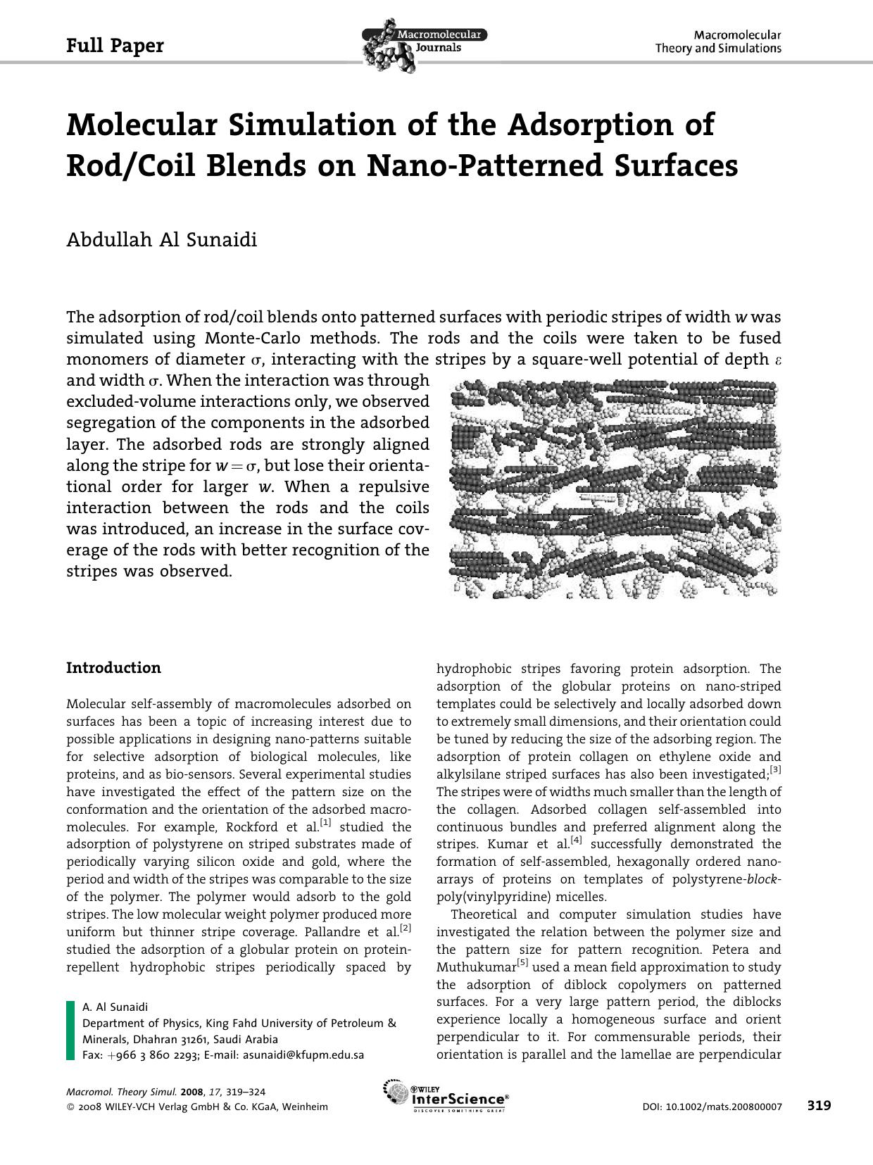 Molecular Simulation of the Adsorption of RodCoil Blends on Nano-Patterned Surfaces by Unknown