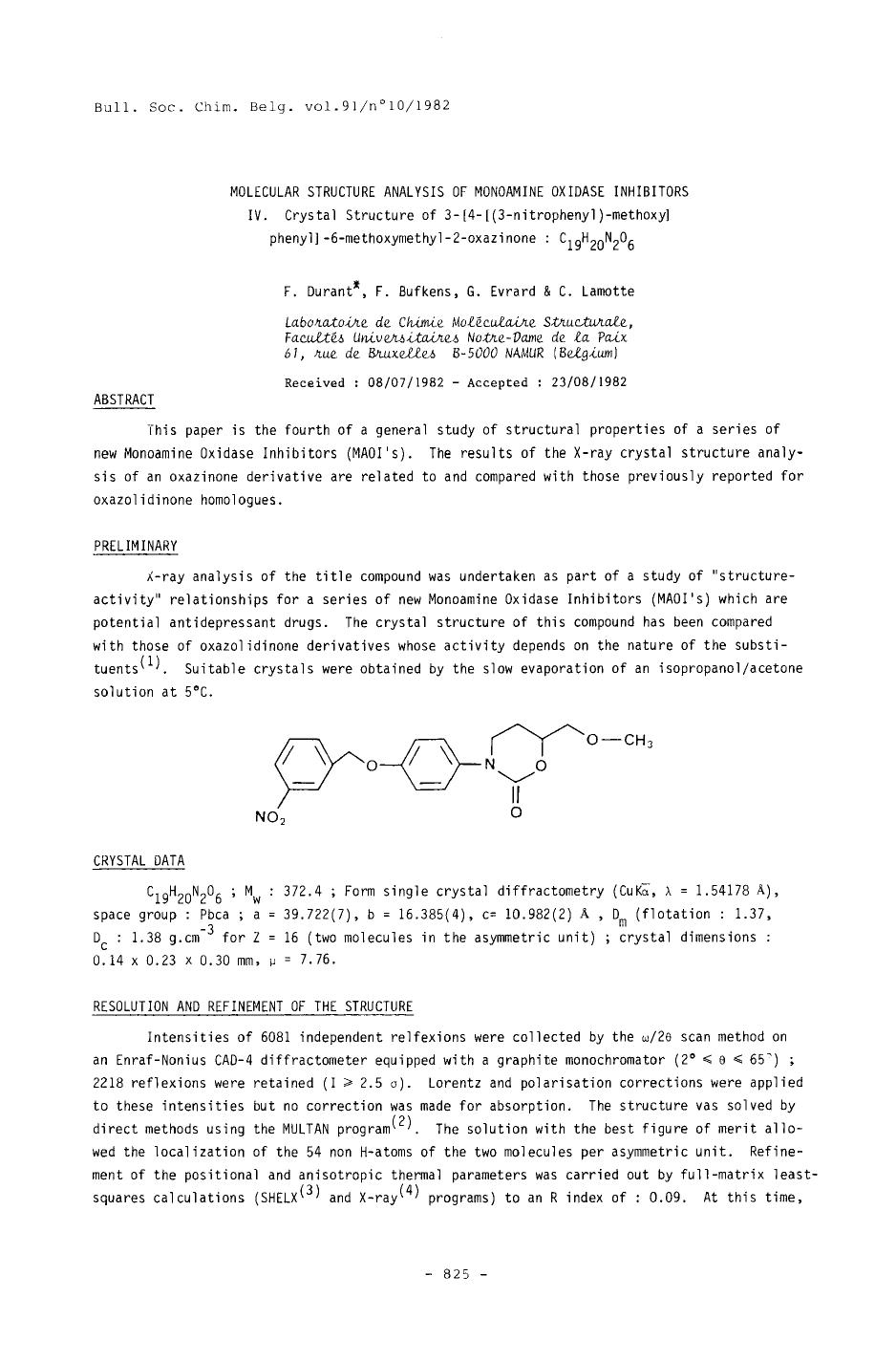 Molecular Structure Analysis of Monoamine Oxidase Inhibitors IV. Crystal Structure of 3[4[(3nitrophenyl)methoxy] phenyl]6methoxymethyl2oxazinone: C19H20N2O6 by Unknown