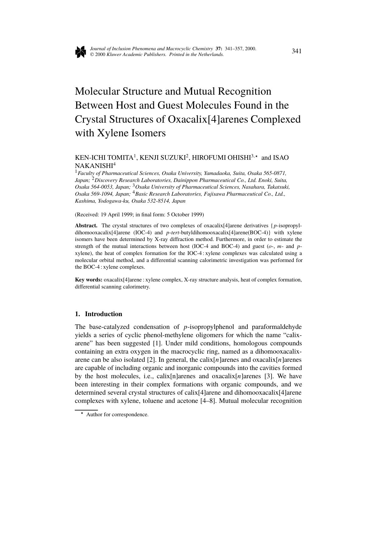 Molecular Structure and Mutual Recognition Between Host and Guest Molecules Found in the Crystal Structures of Oxacalix[4]arenes Complexed with Xylene Isomers by Unknown
