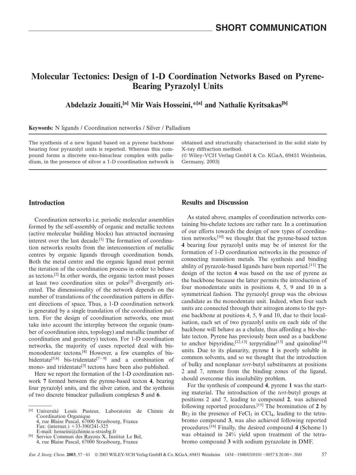 Molecular Tectonics: Design of 1-D Coordination Networks Based on Pyrene-Bearing Pyrazolyl Units by Unknown