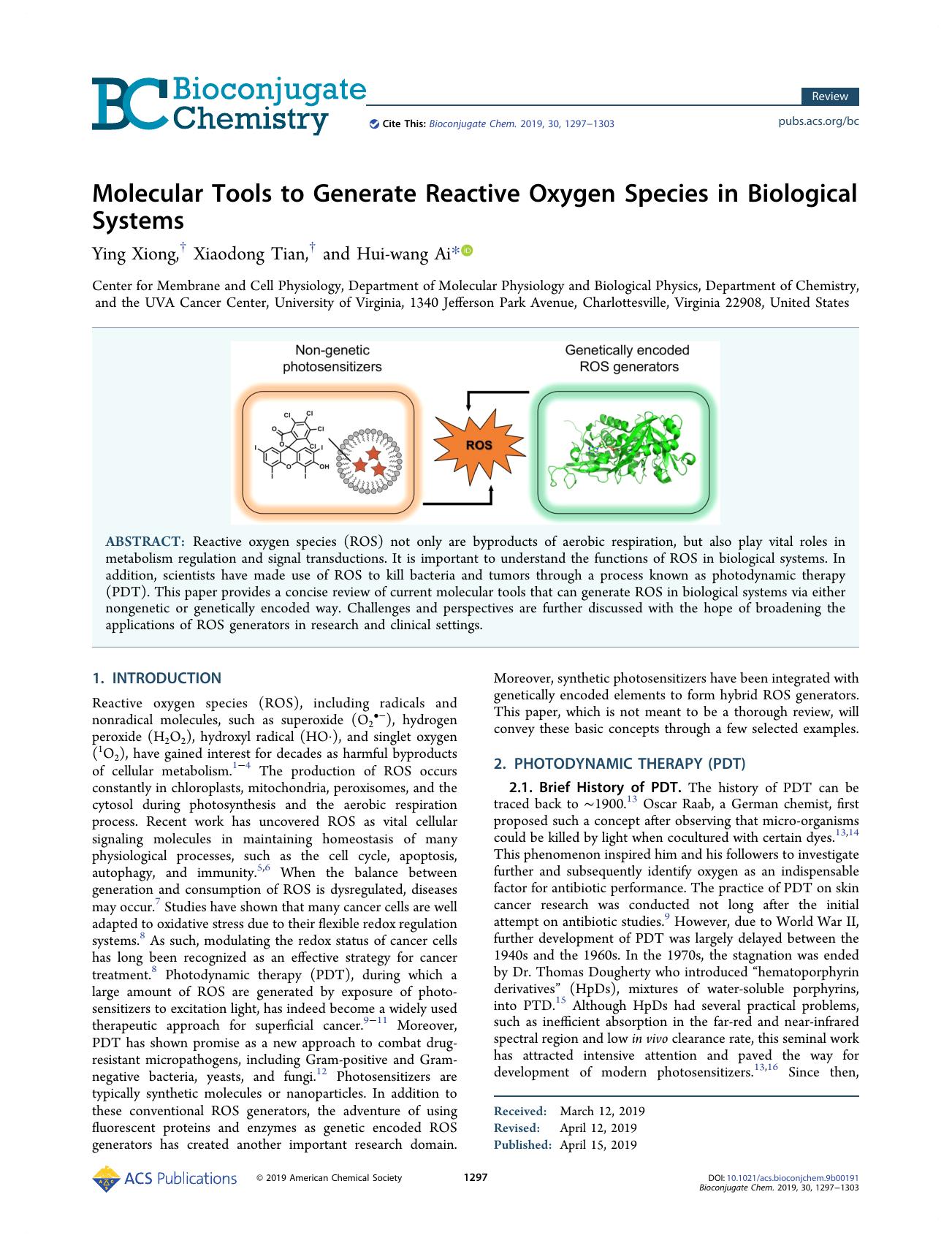 Molecular Tools to Generate Reactive Oxygen Species in Biological Systems by Ying Xiong; Xiaodong Tian; Hui-wang Ai & Xiaodong Tian & Hui-wang Ai