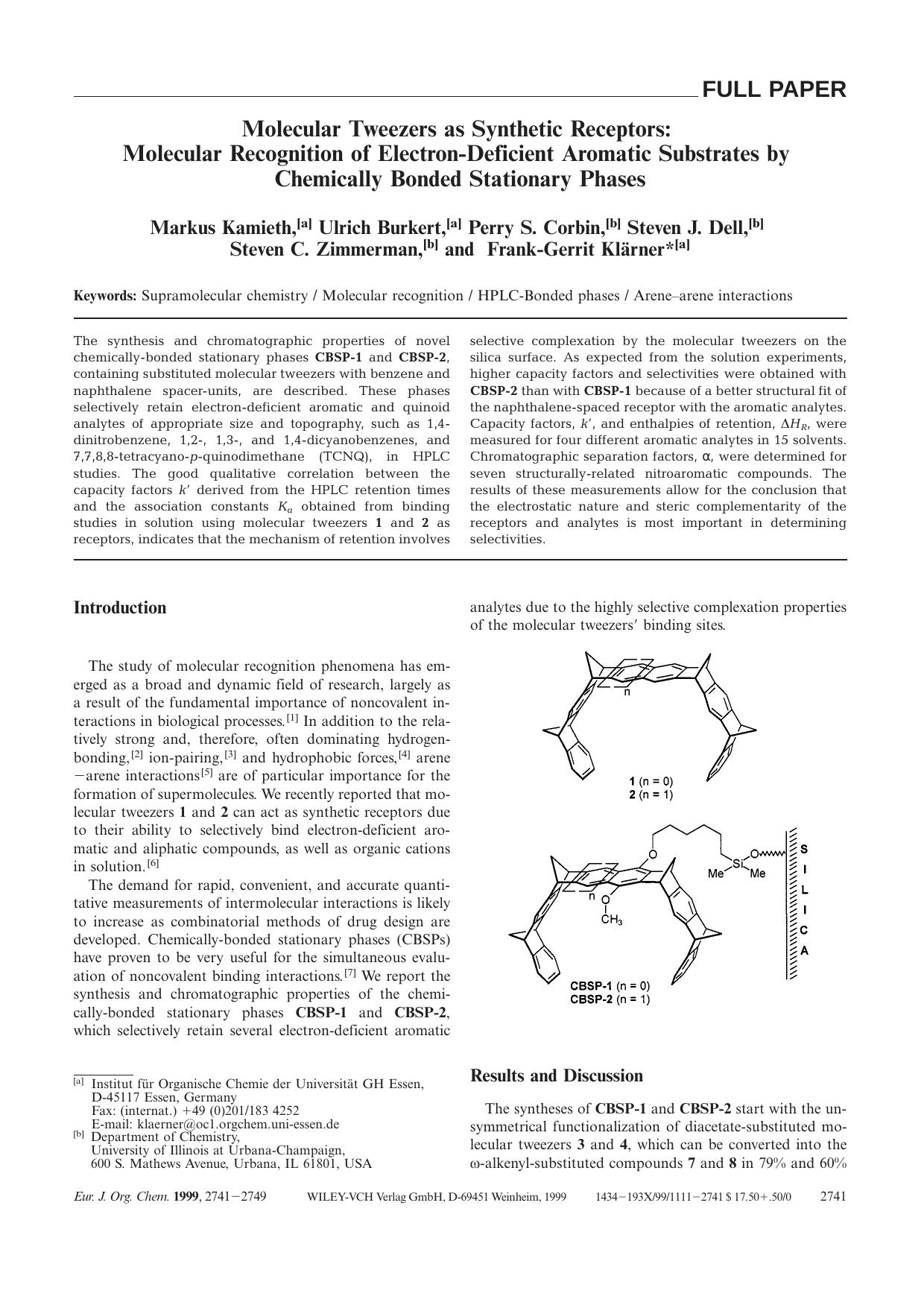 Molecular Tweezers as Synthetic Receptors: Molecular Recognition of Electron-Deficient Aromatic Substrates by Chemically Bonded Stationary Phases by Unknown
