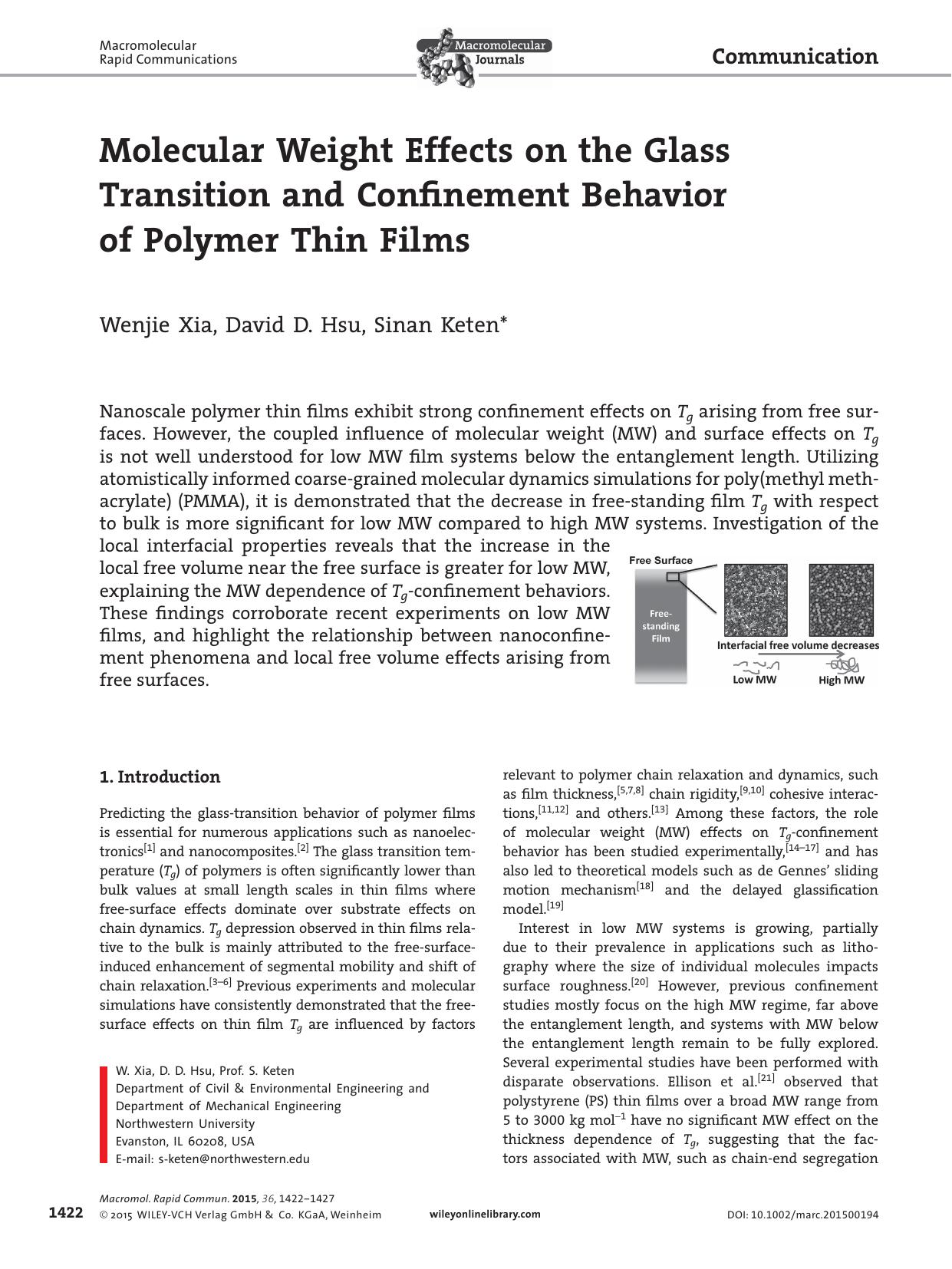 Molecular Weight Effects on the Glass Transition and Confinement Behavior of Polymer Thin Films by Unknown