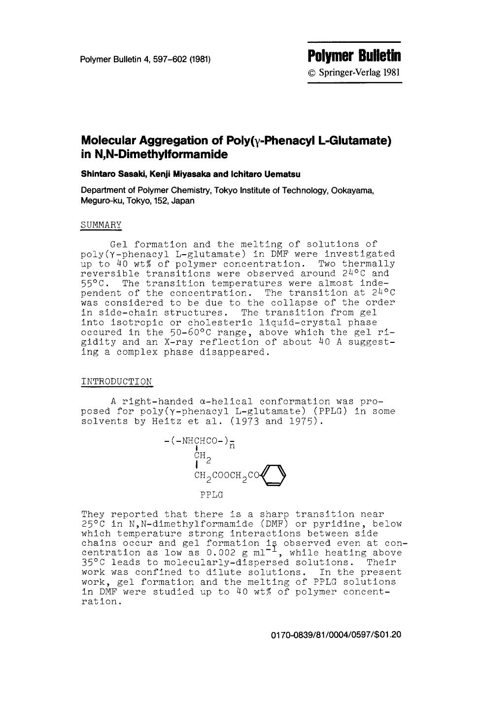 Molecular aggregation of poly(γ-phenacyl L-glutamate) in N,N-dimethylformamide by Unknown
