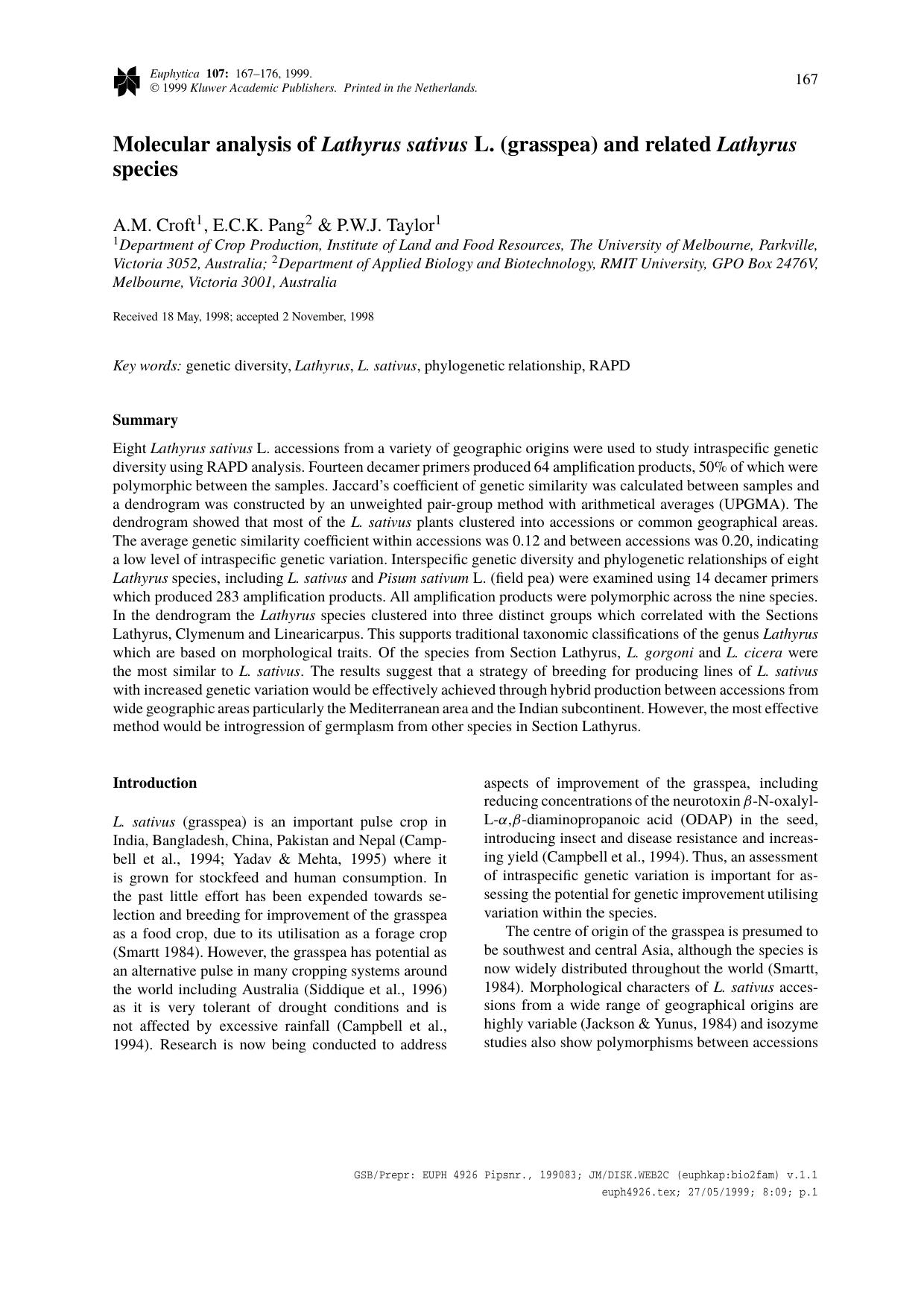 Molecular analysis of Lathyrus sativus L. (grasspea) and related Lathyrus species by Unknown