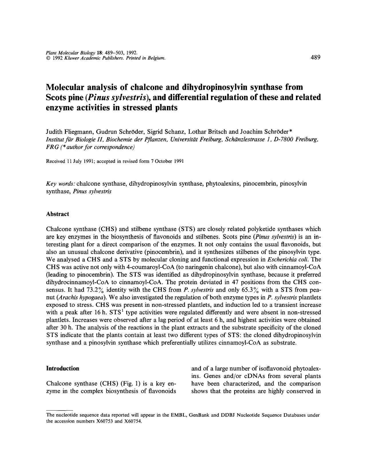 Molecular analysis of chalcone and dihydropinosylvin synthase from Scots pine (<Emphasis Type="Italic">Pinus sylvestris<Emphasis>), and differential regulation of these and related by Unknown