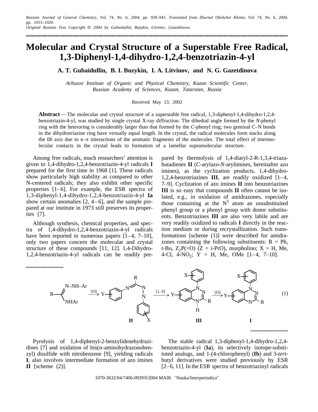 Molecular and Crystal Structure of a Superstable Free Radical, 1,3-Diphenyl-1,4-dihydro-1,2,4-benzotriazin-4-yl by Unknown