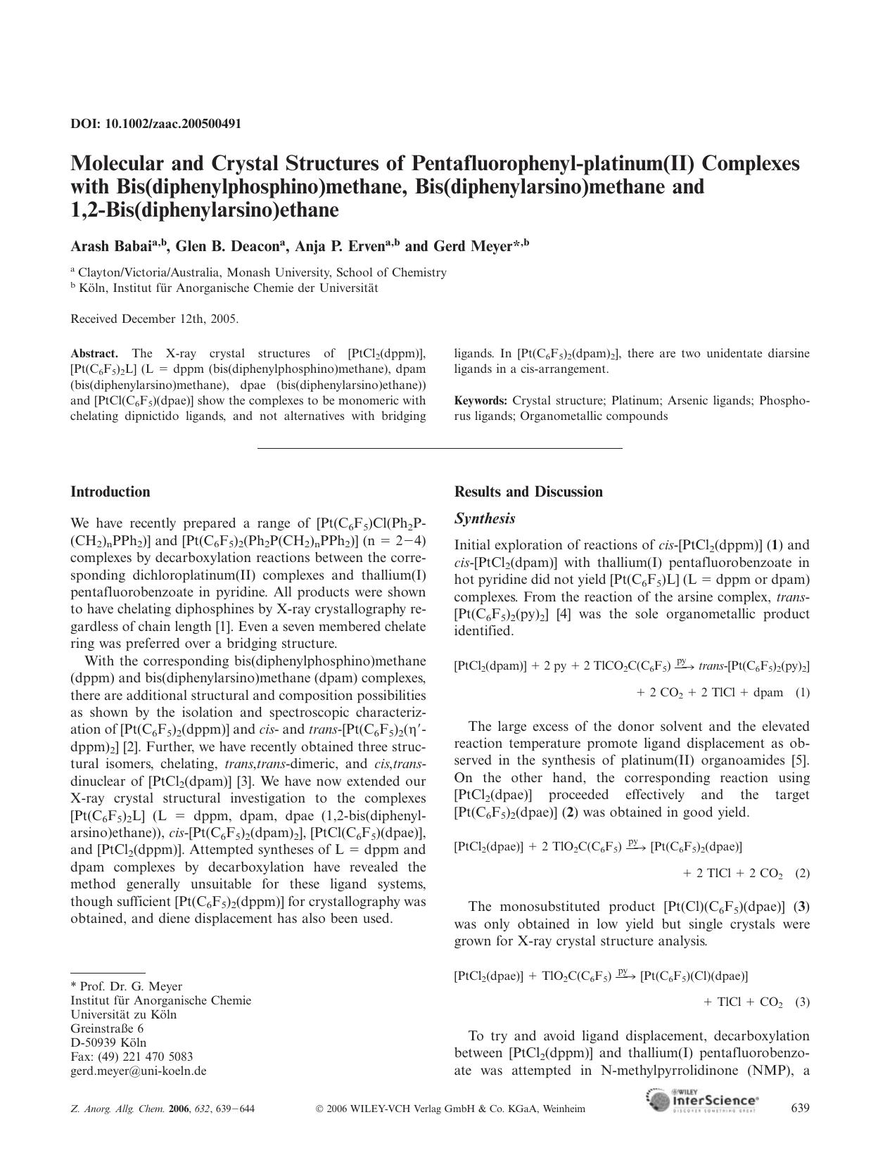 Molecular and Crystal Structures of Pentafluorophenyl-platinum(II) Complexes with Bis(diphenylphosphino)methane, Bis(diphenylarsino)methane and 1,2-Bis(diphenylarsino)ethane by Unknown