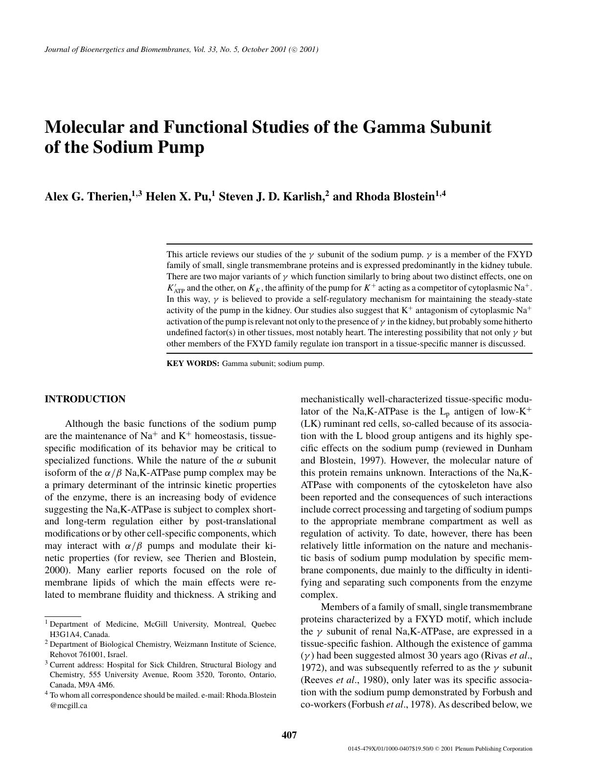 Molecular and Functional Studies of the Gamma Subunit of the Sodium Pump by Unknown