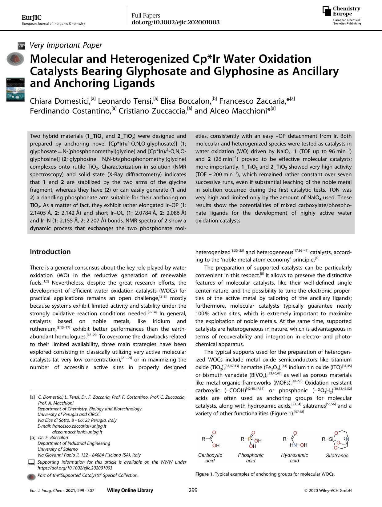 Molecular and Heterogenized Cp*Ir Water Oxidation Catalysts Bearing Glyphosate and Glyphosine as Ancillary and Anchoring Ligands by Unknown