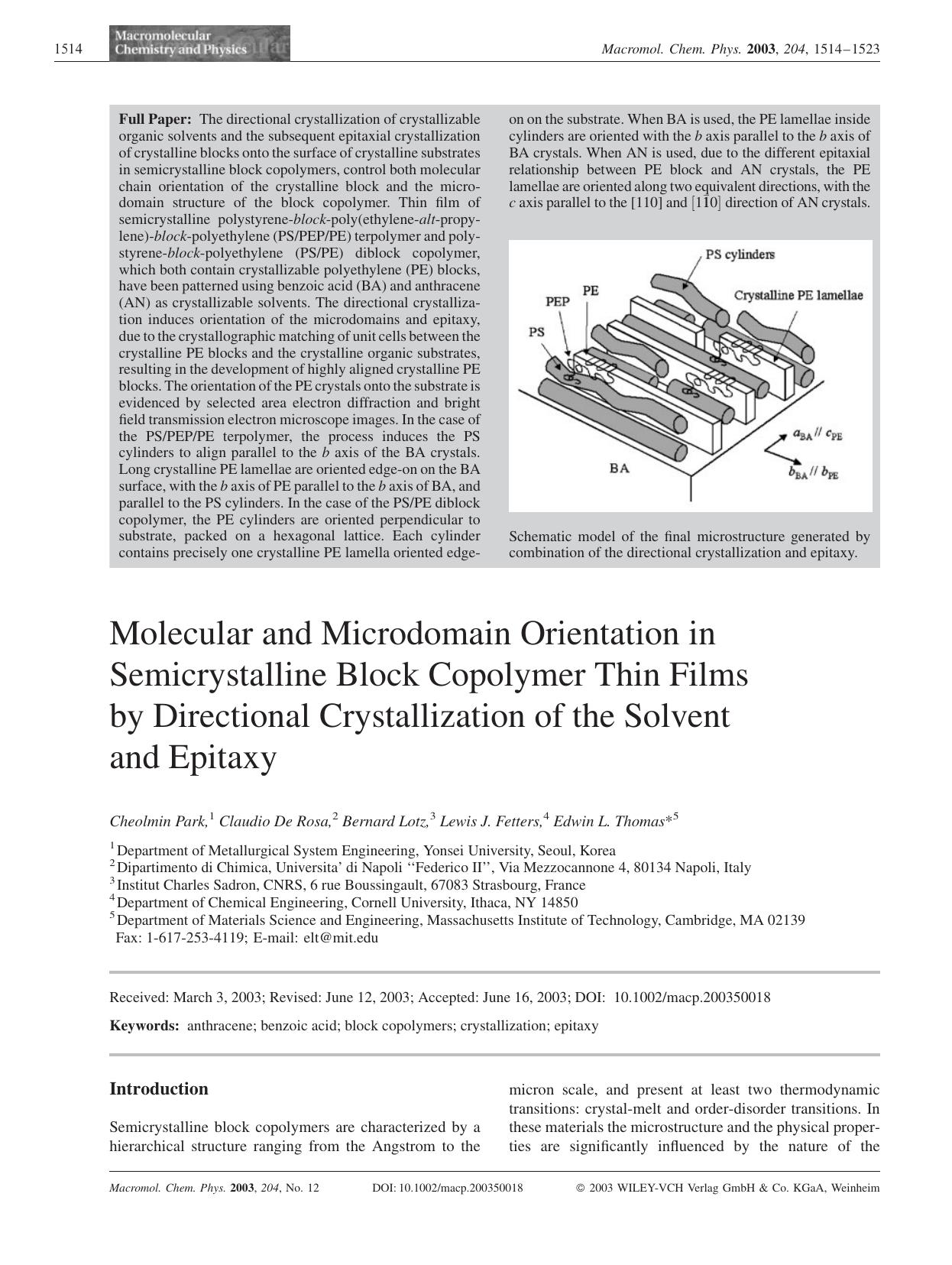 Molecular and Microdomain Orientation in Semicrystalline Block Copolymer Thin Films by Directional Crystallization of the Solvent and Epitaxy by Unknown
