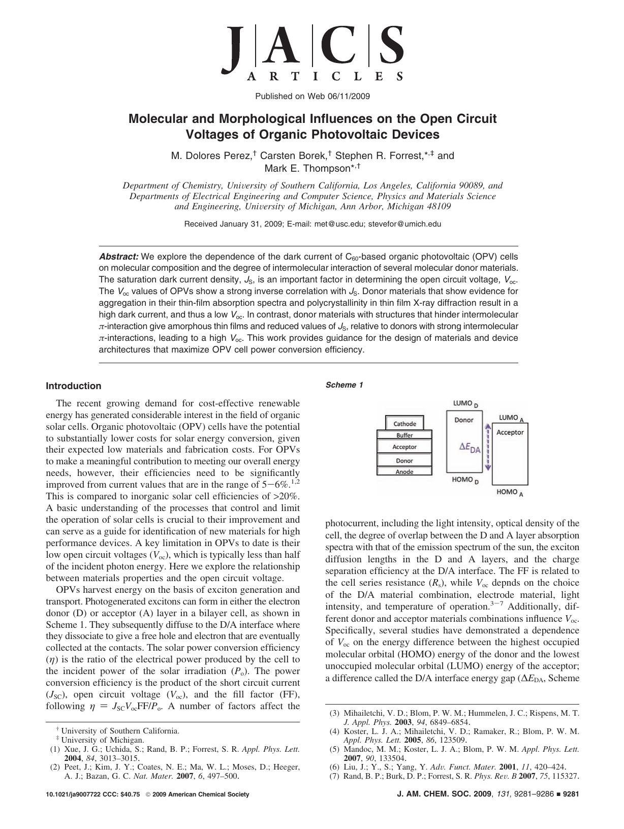Molecular and Morphological Influences on the Open Circuit Voltages of Organic Photovoltaic Devices by unknow