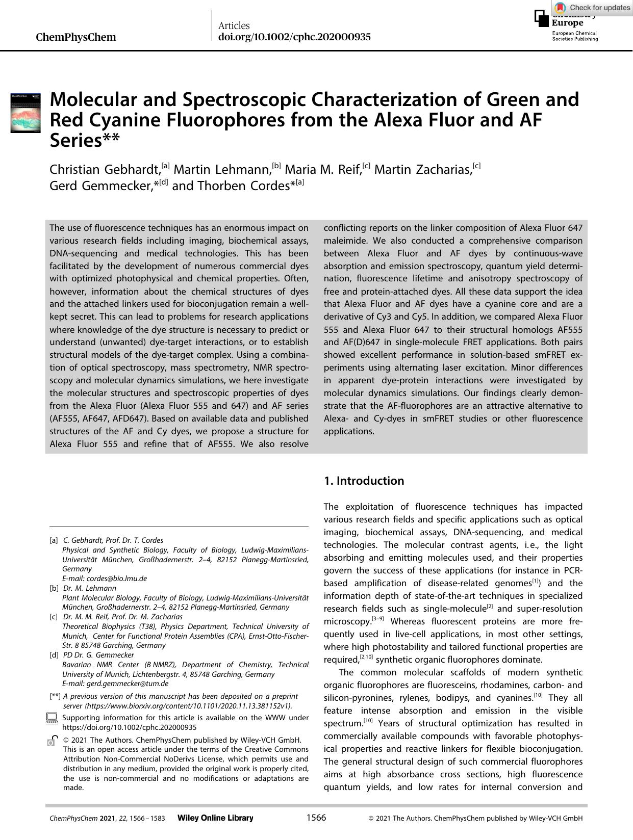 Molecular and Spectroscopic Characterization of Green and Red Cyanine Fluorophores from the Alexa Fluor and AF Series** by Unknown