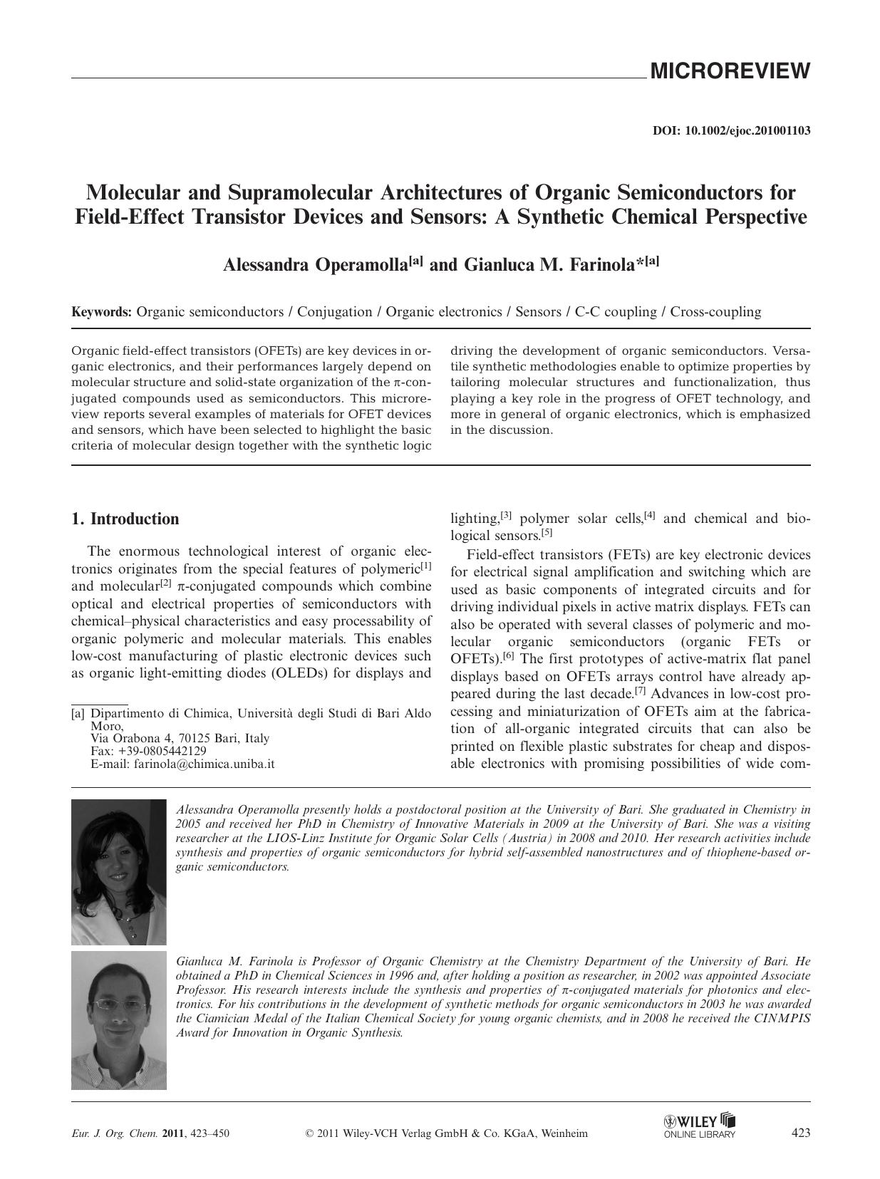Molecular and Supramolecular Architectures of Organic Semiconductors for FieldEffect Transistor Devices and Sensors: A Synthetic Chemical Perspective by Unknown