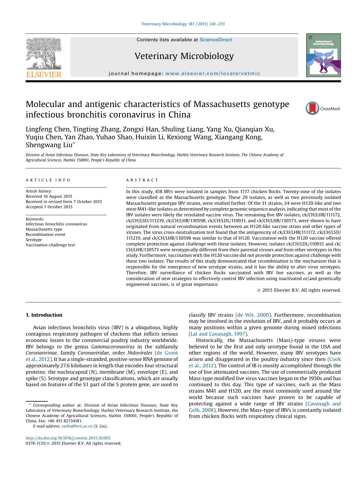 Molecular and antigenic characteristics of Massachusetts genotype infectious bronchitis coronavirus in China by unknow