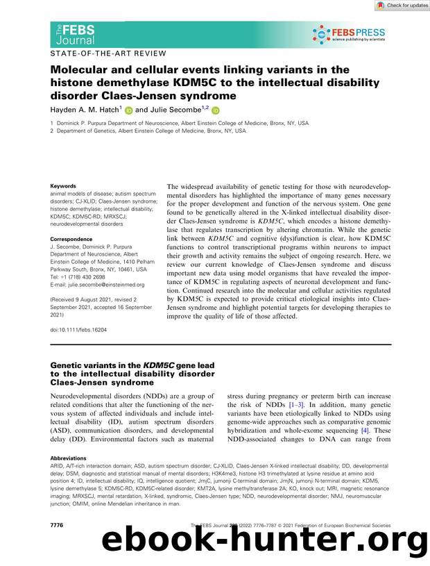 Molecular and cellular events linking variants in the histone demethylase KDM5C to the intellectual disability disorder ClaesâJensen syndrome by Unknown