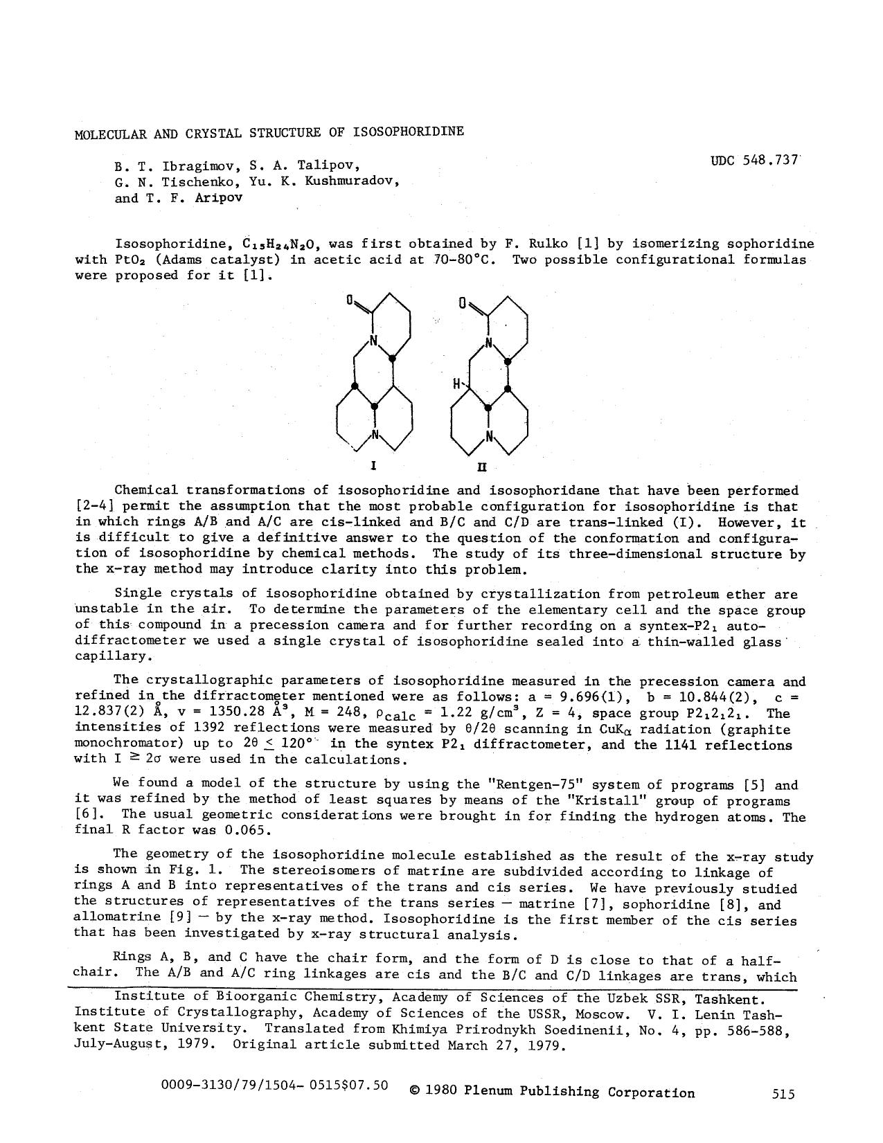 Molecular and crystal structure of isosophoridine by Unknown