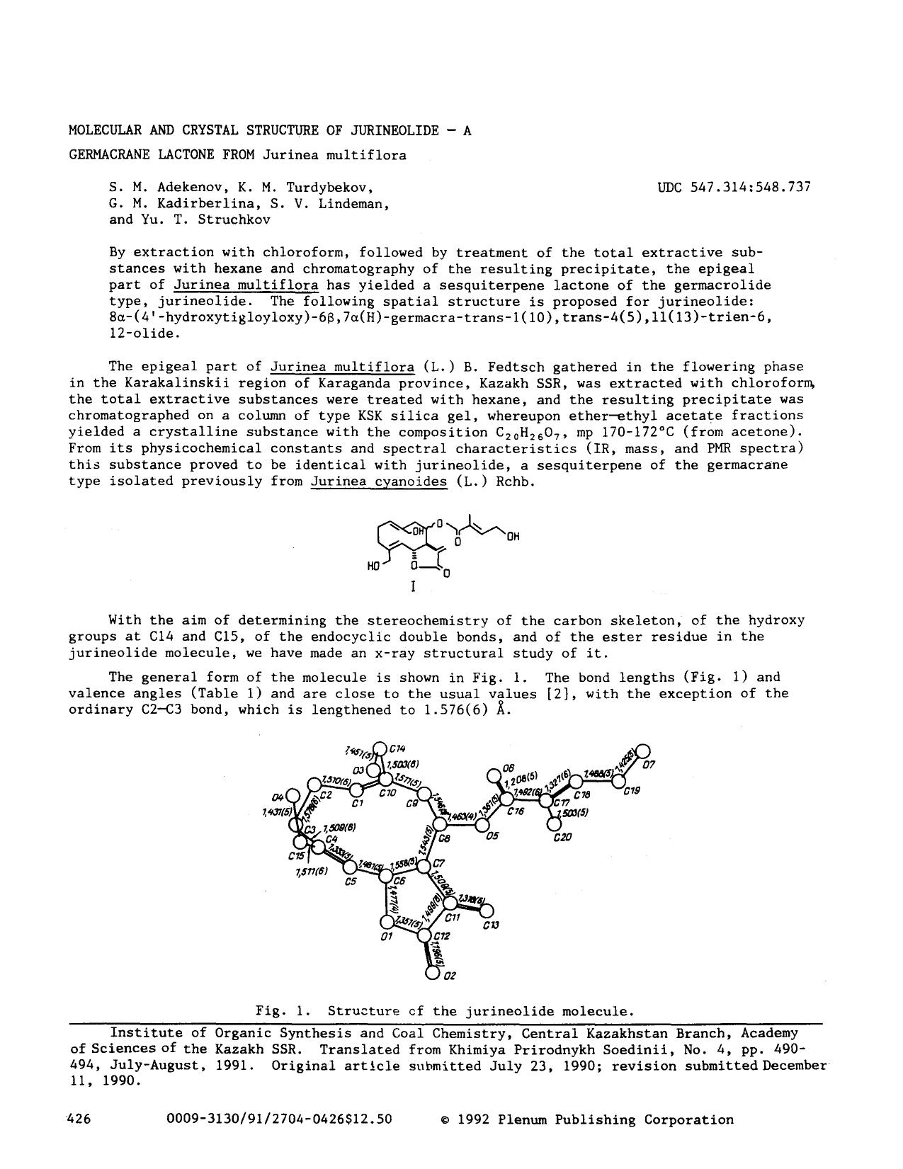 Molecular and crystal structure of jurineolide &#x2014; A germacrane lactone from Jurinea multiflora by Unknown