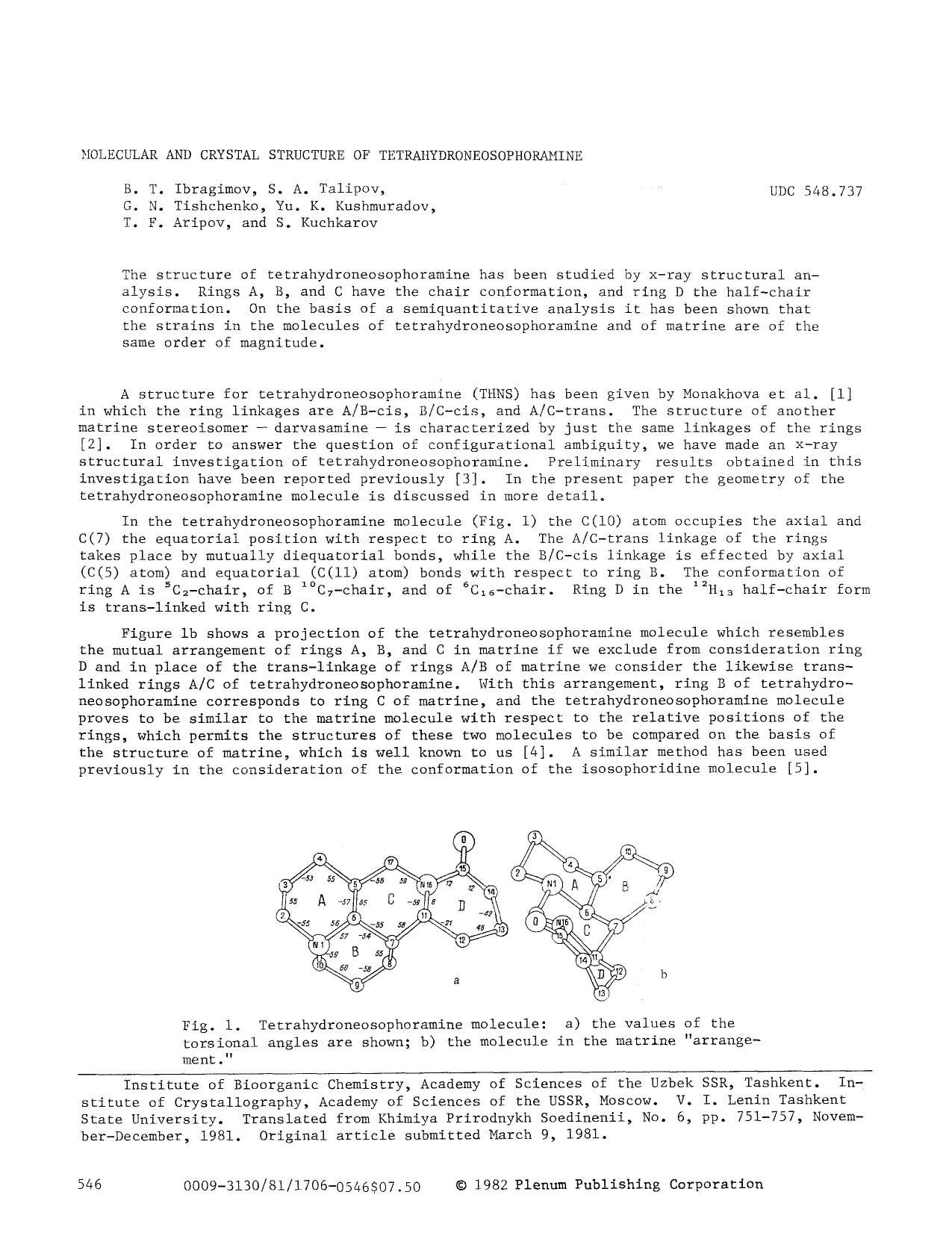 Molecular and crystal structure of tetrahydroneosophoramine by Unknown