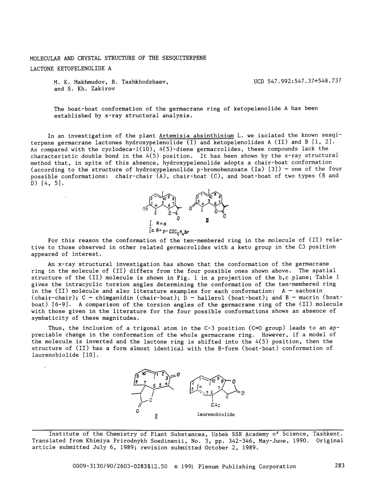 Molecular and crystal structure of the sesquiterpene lactone ketopelenolide A by Unknown