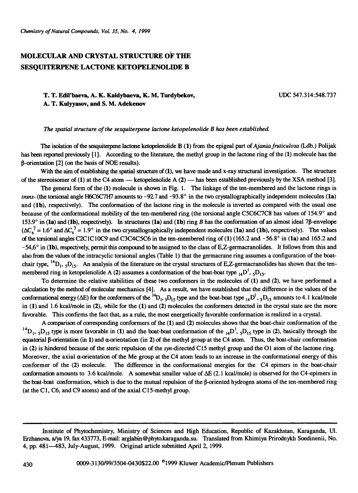 Molecular and crystal structure of the sesquiterpene lactone ketopelenolide B by Unknown