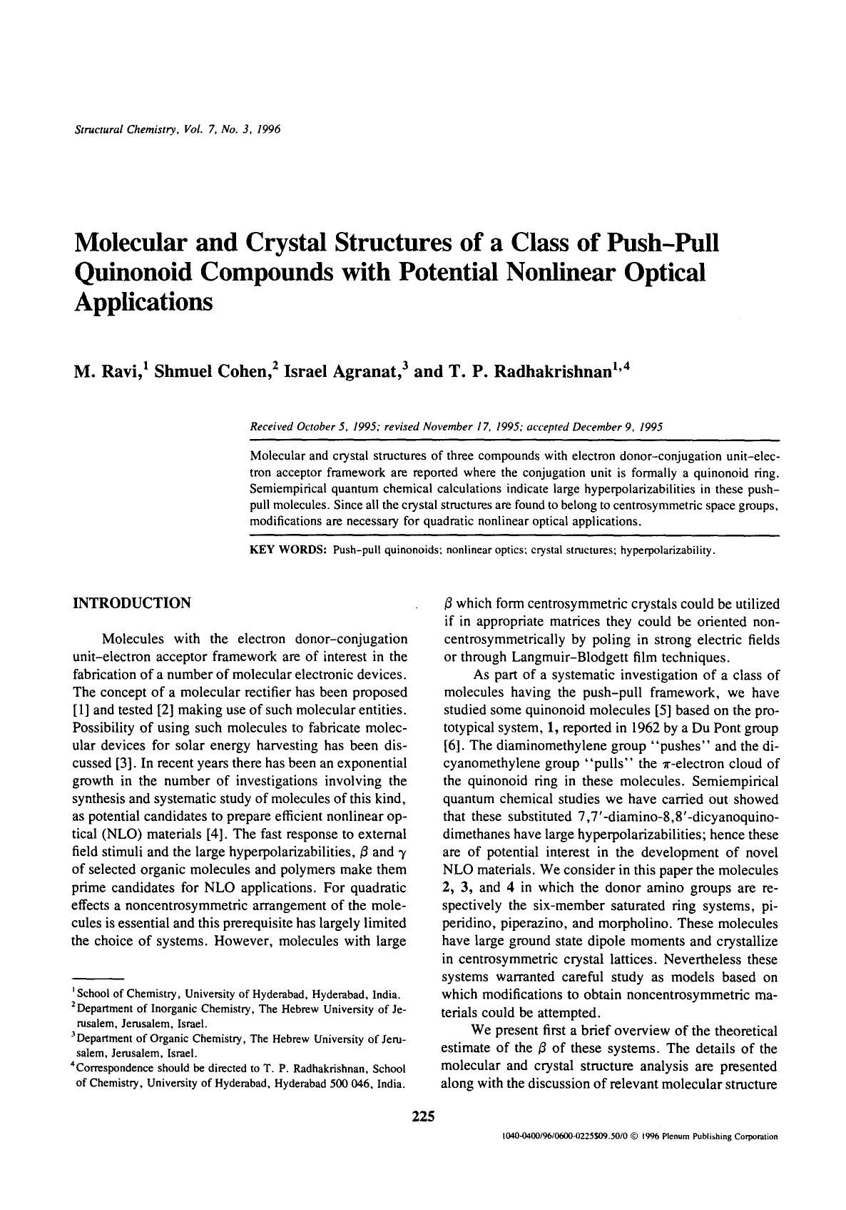 Molecular and crystal structures of a class of push-pull quinonoid compounds with potential nonlinear optical applications by Unknown