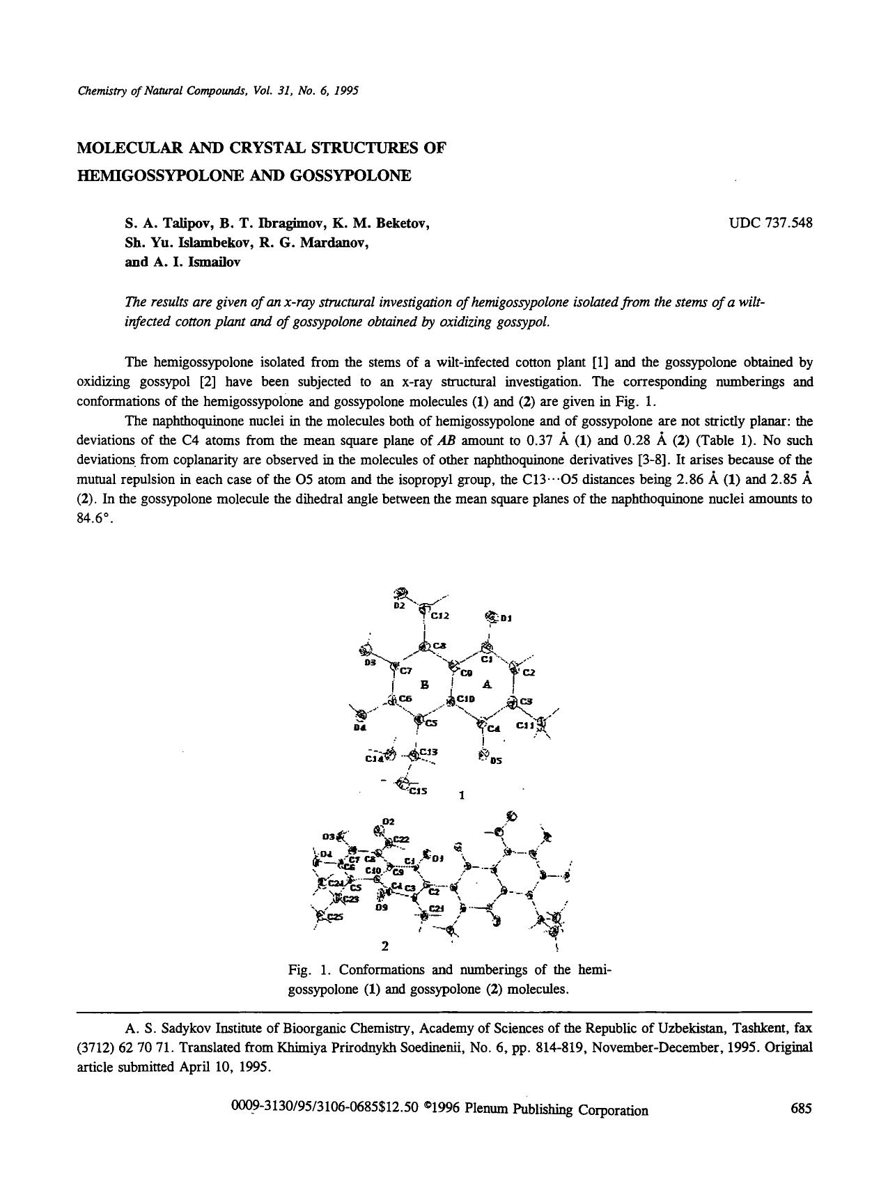 Molecular and crystal structures of hemigossypolone and gossypolone by Unknown