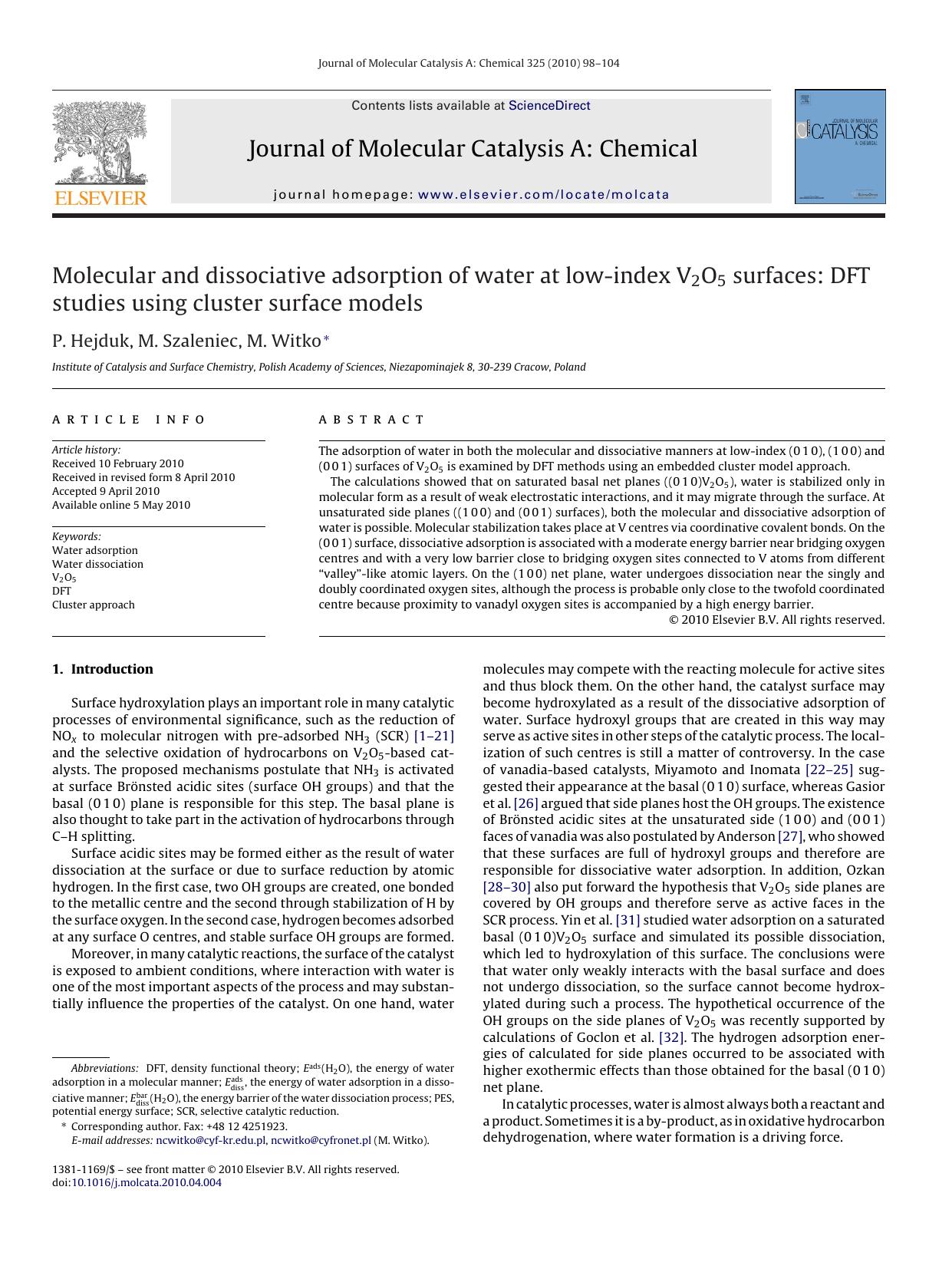 Molecular and dissociative adsorption of water at low-index V2O5 surfaces: DFT studies using cluster surface models by P. Hejduk; M. Szaleniec; M. Witko