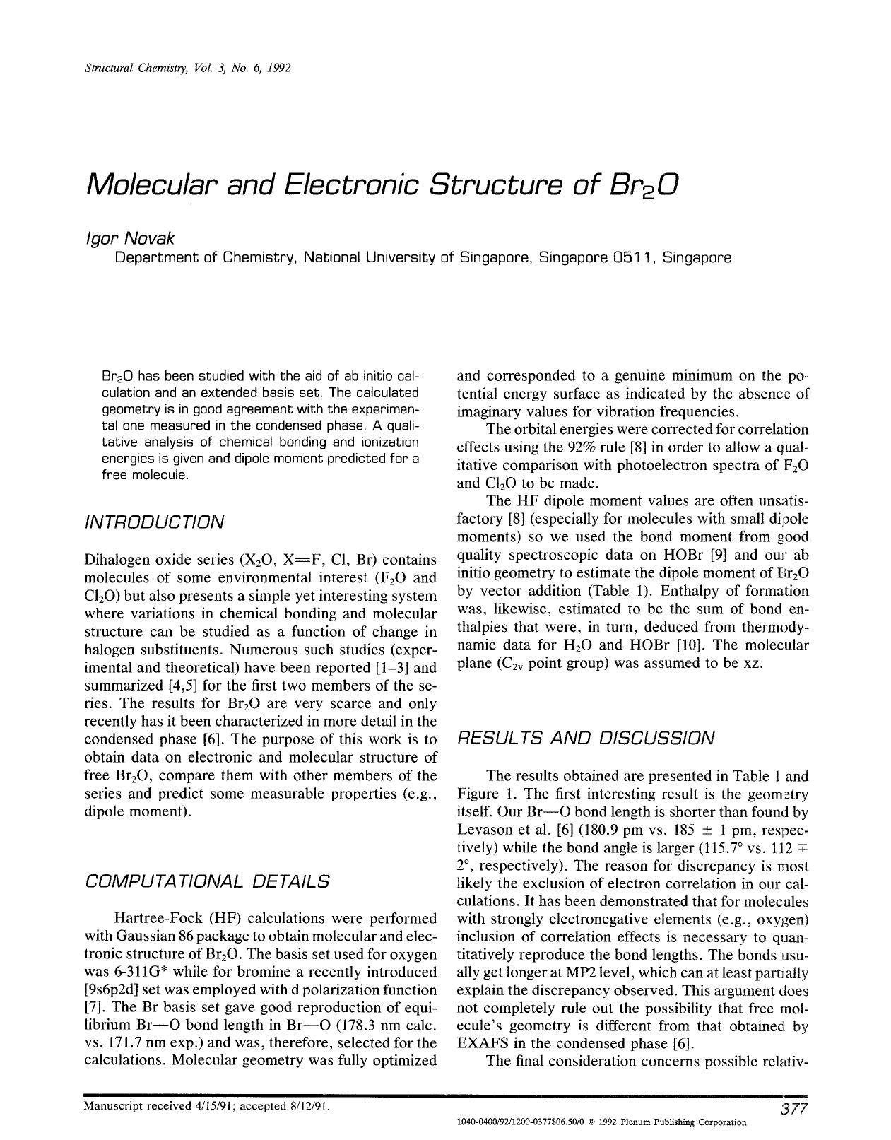 Molecular and electronic structure of Br <Subscript>2 <Subscript>O by Unknown