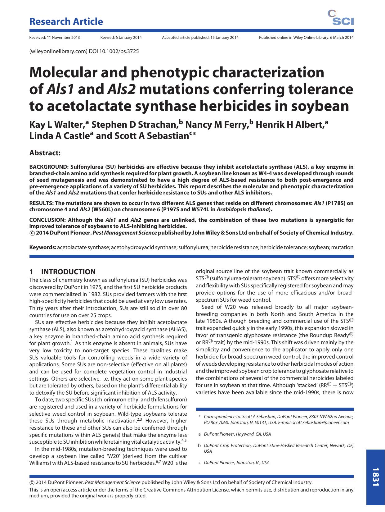 Molecular and phenotypic characterization of Als1 and Als2 mutations conferring tolerance to acetolactate synthase herbicides in soybean by Unknown