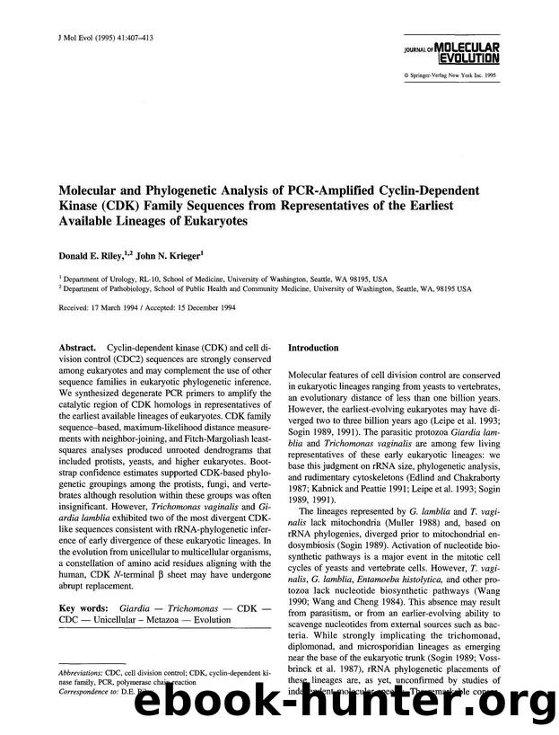 Molecular and phylogenetic analysis of PCR-amplified cyclin-dependent kinase (CDK) family sequences from representatives of the earliest available lineages of eukaryotes by Unknown