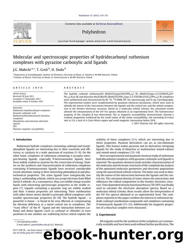 Molecular and spectroscopic properties of hydridecarbonyl ruthenium complexes with pyrazine carboxylic acid ligands by J.G. MaÅ‚ecki & T. Groń & H. Duda