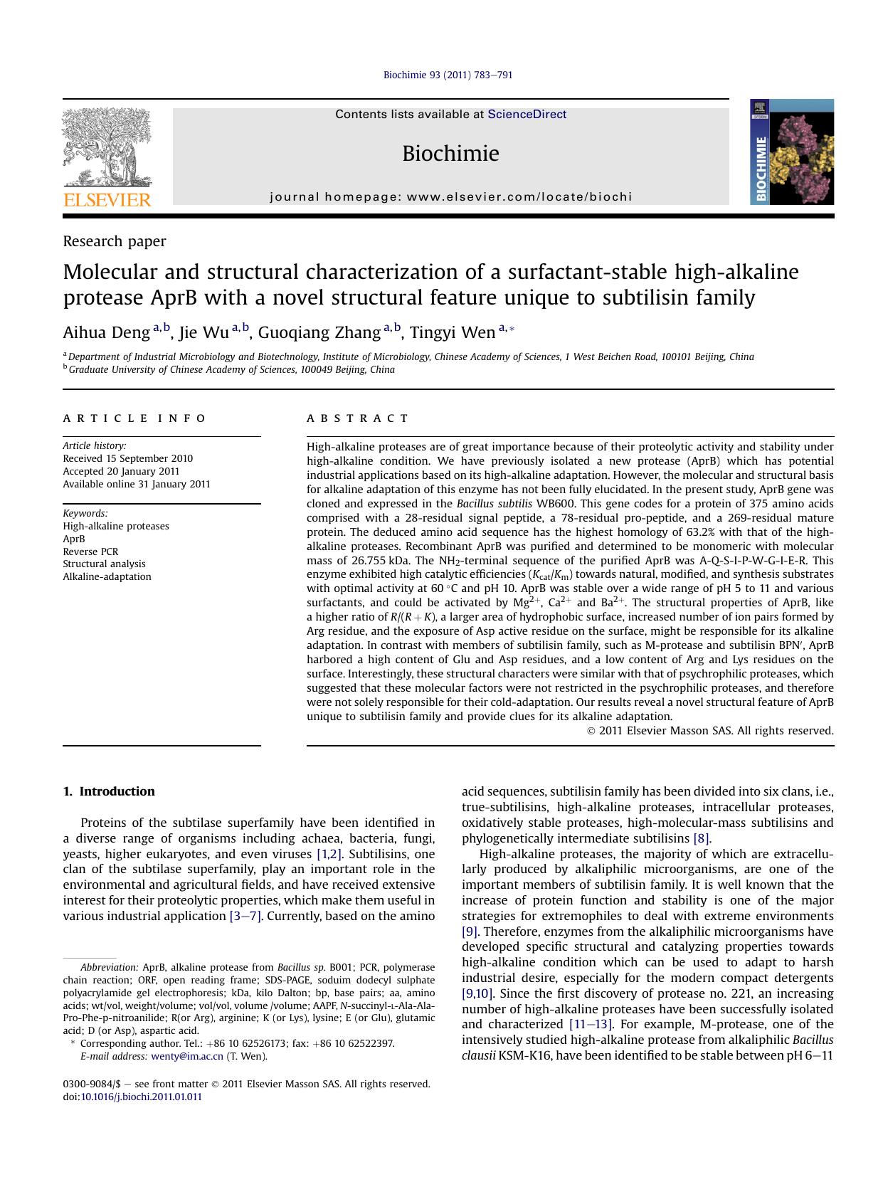 Molecular and structural characterization of a surfactant-stable high-alkaline protease AprB with a novel structural feature unique to subtilisin family by Aihua Deng & Jie Wu & Guoqiang Zhang & Tingyi Wen