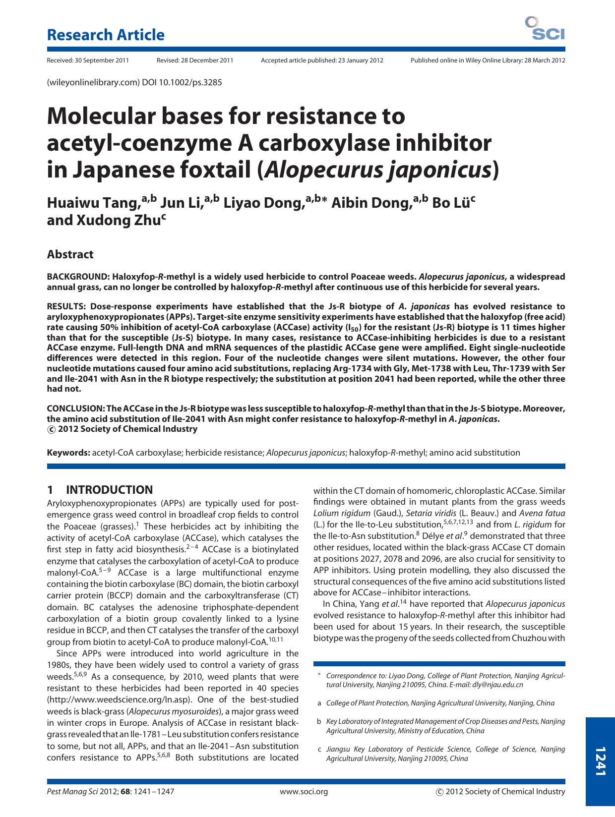 Molecular bases for resistance to acetylcoenzyme A carboxylase inhibitor in Japanese foxtail (Alopecurus japonicus) by Unknown