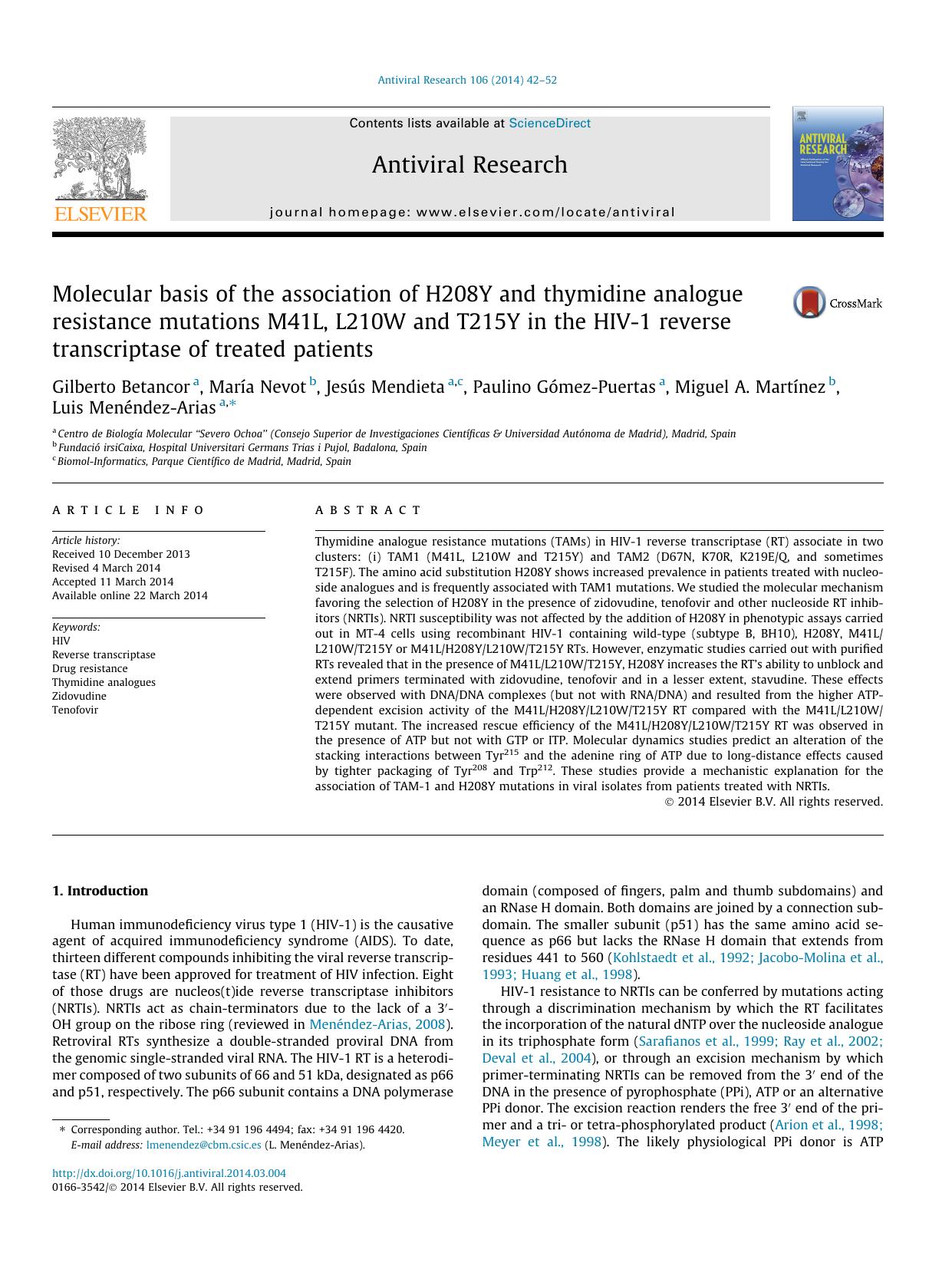 Molecular basis of the association of H208Y and thymidine analogue resistance mutations M41L, L210W and T215Y in the HIV-1 reverse transcriptase of treated patients by unknow