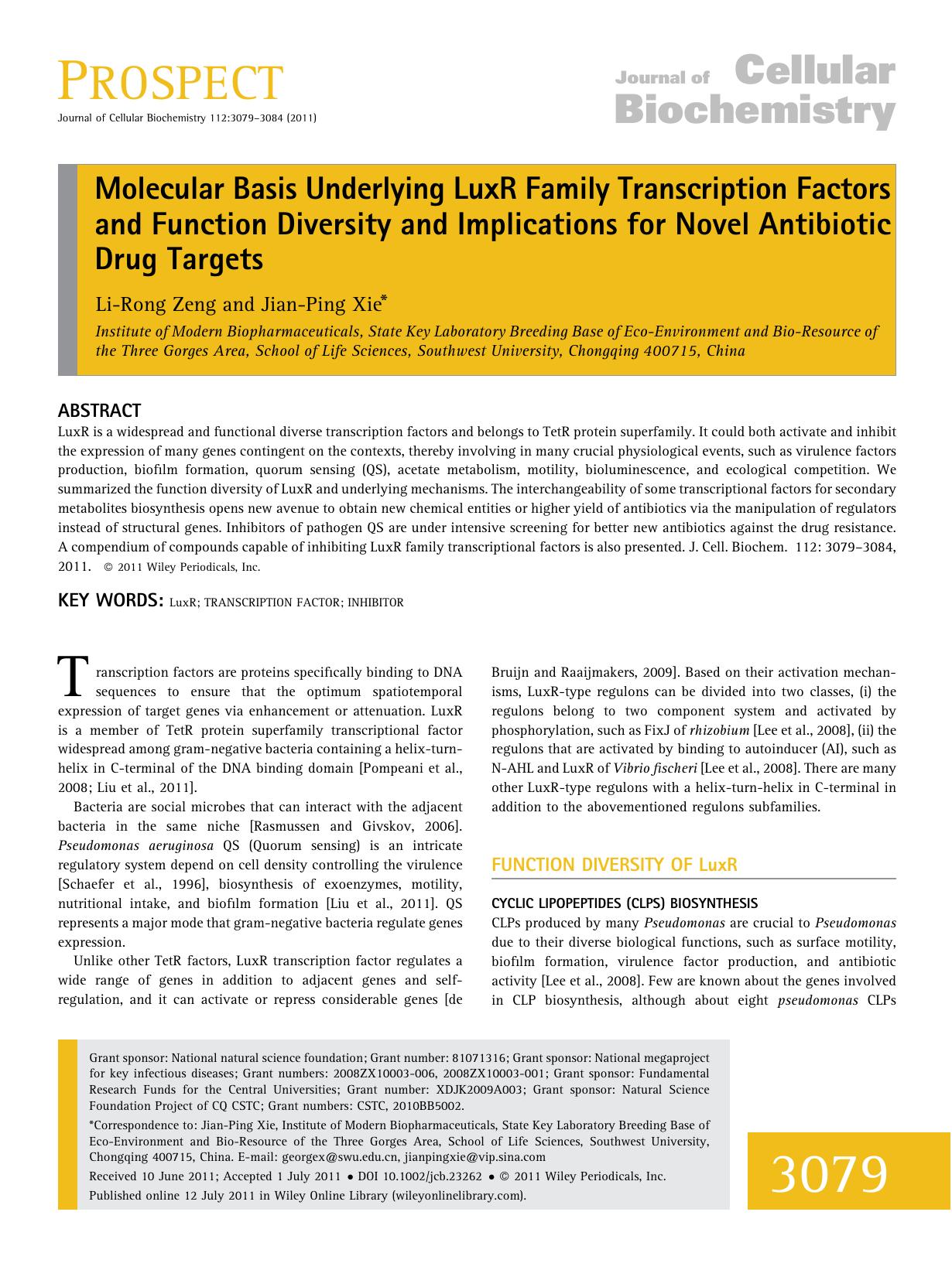Molecular basis underlying LuxR family transcription factors and function diversity and implications for novel antibiotic drug targets by Unknown