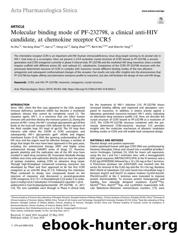 Molecular binding mode of PF-232798, a clinical anti-HIV candidate, at chemokine receptor CCR5 by Ya Zhu & Yan-long Zhao & Jian Li & Hong Liu & Qiang Zhao & Bei-li Wu & Zhen-lin Yang