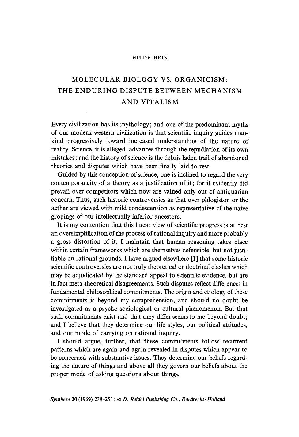 Molecular biology vs. organicism: The enduring dispute between mechanism and vitalism by Unknown