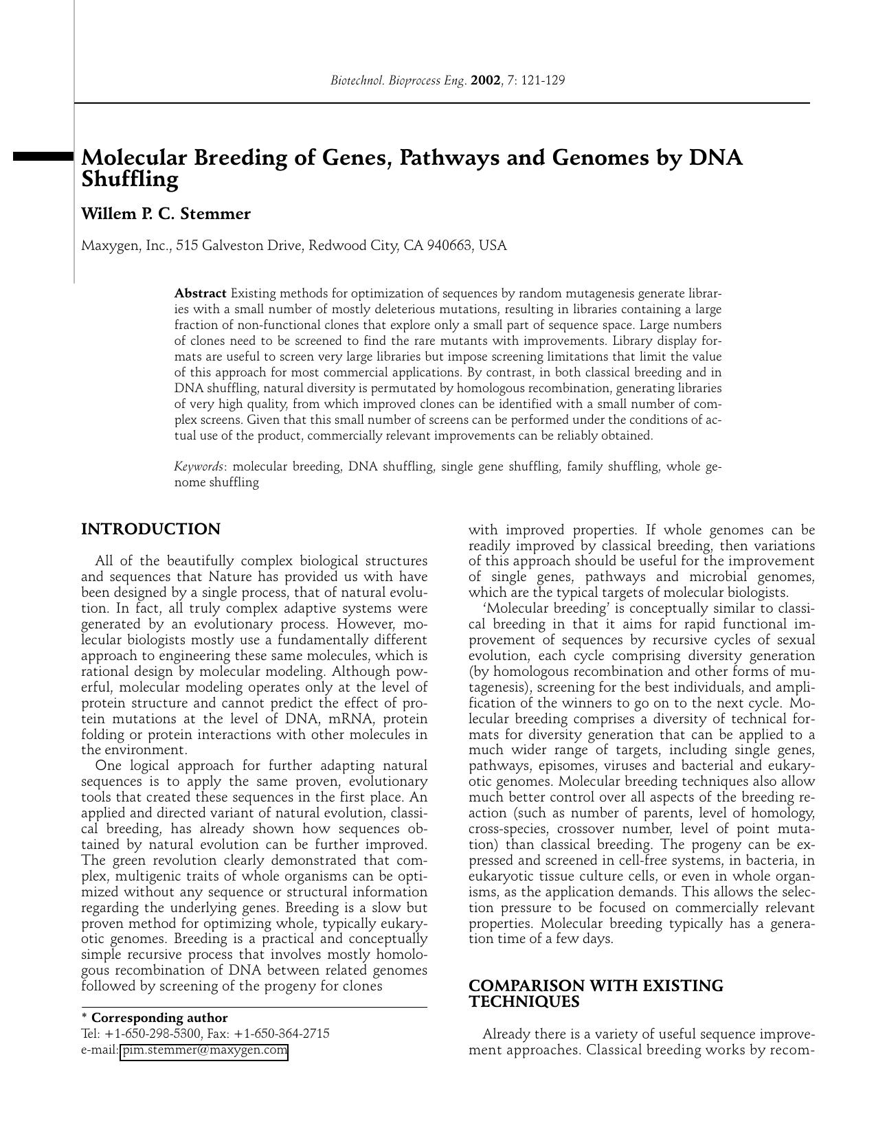 Molecular breeding of genes, pathways and genomes by DNA shuffling by Unknown
