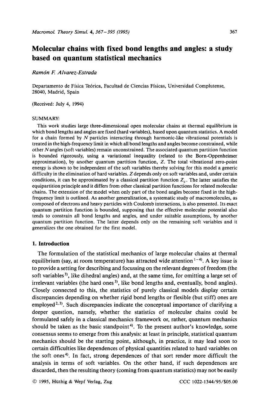 Molecular chains with fixed bond lengths and angles: a study based on quantum statistical mechanics by Unknown