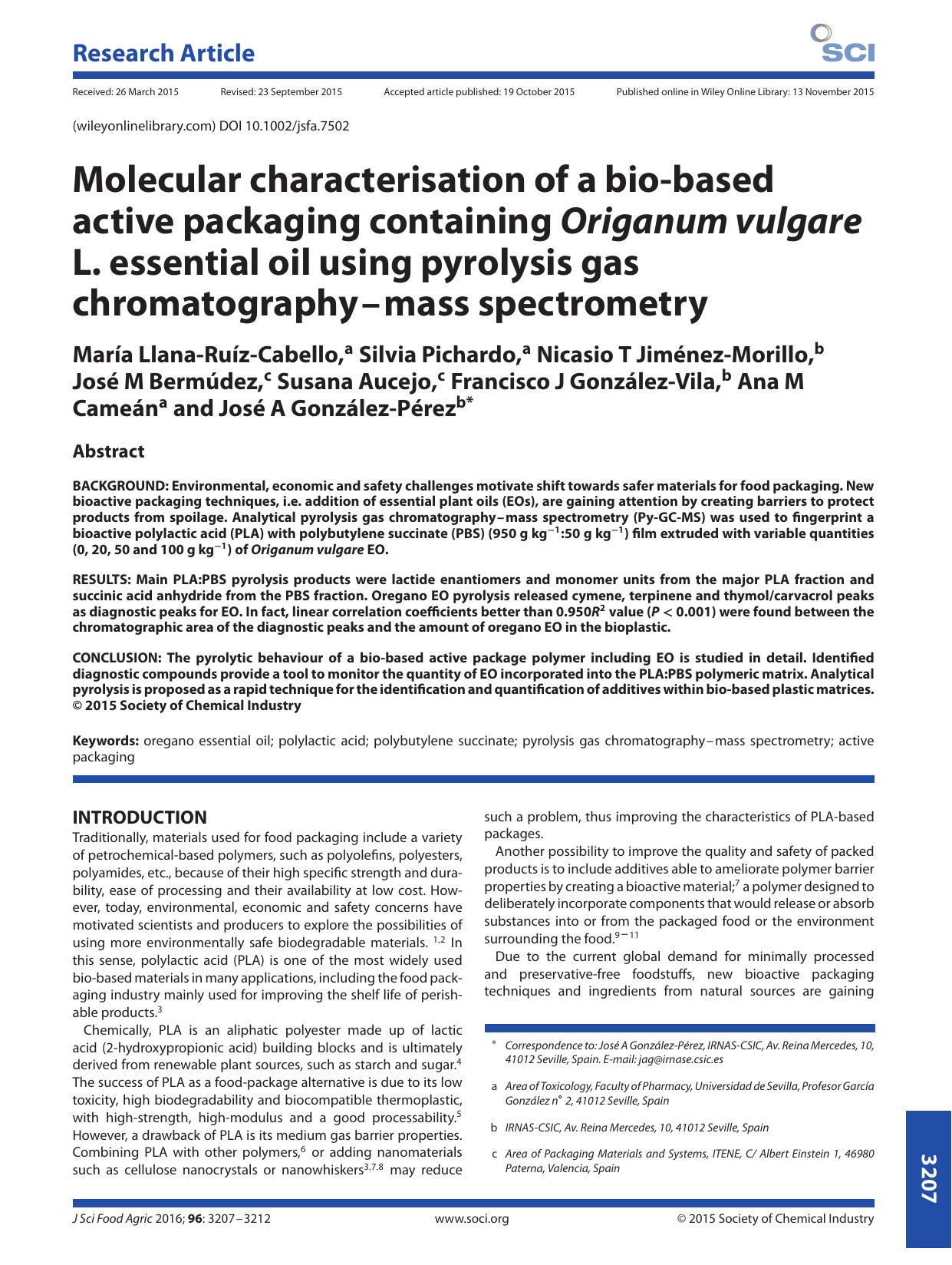 Molecular characterisation of a bio-based active packaging containing Origanum vulgare L. essential oil using pyrolysis gas chromatography--mass spectrometry by Unknown