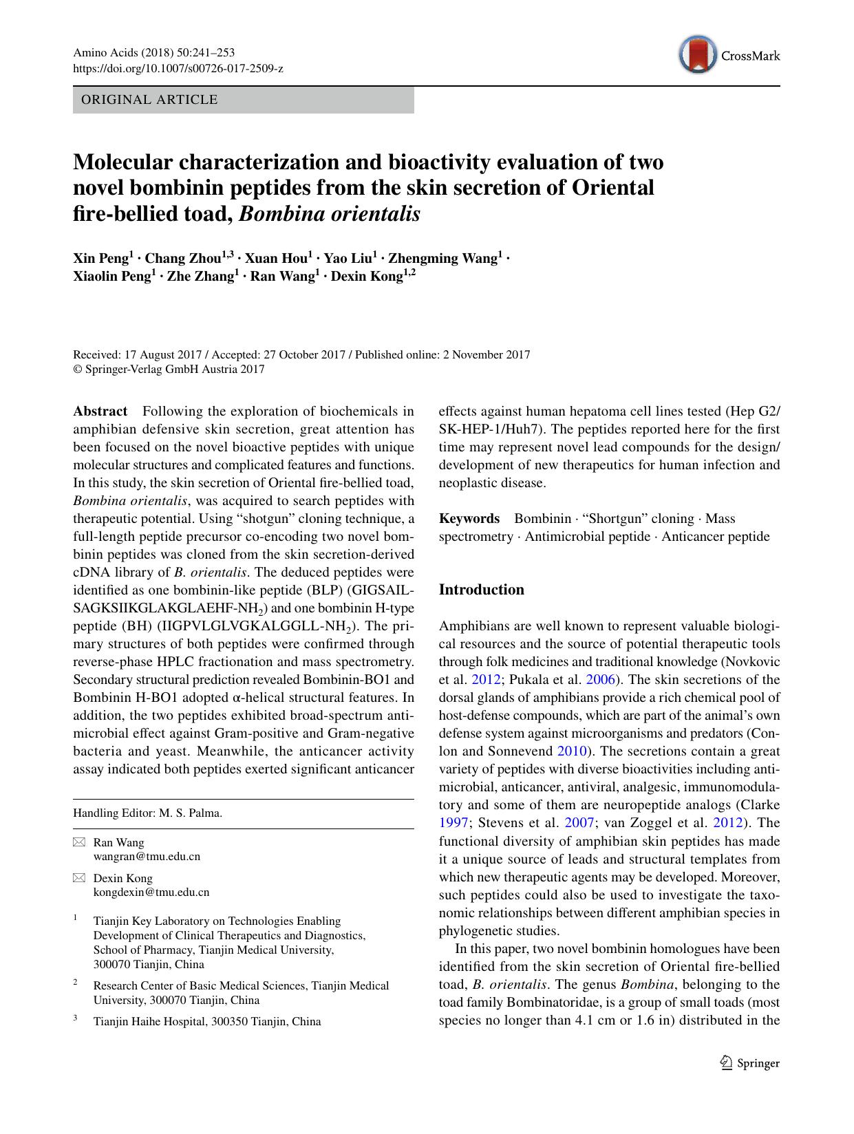 Molecular characterization and bioactivity evaluation of two novel bombinin peptides from the skin secretion of Oriental fire-bellied toad, Bombina orientalis by unknow