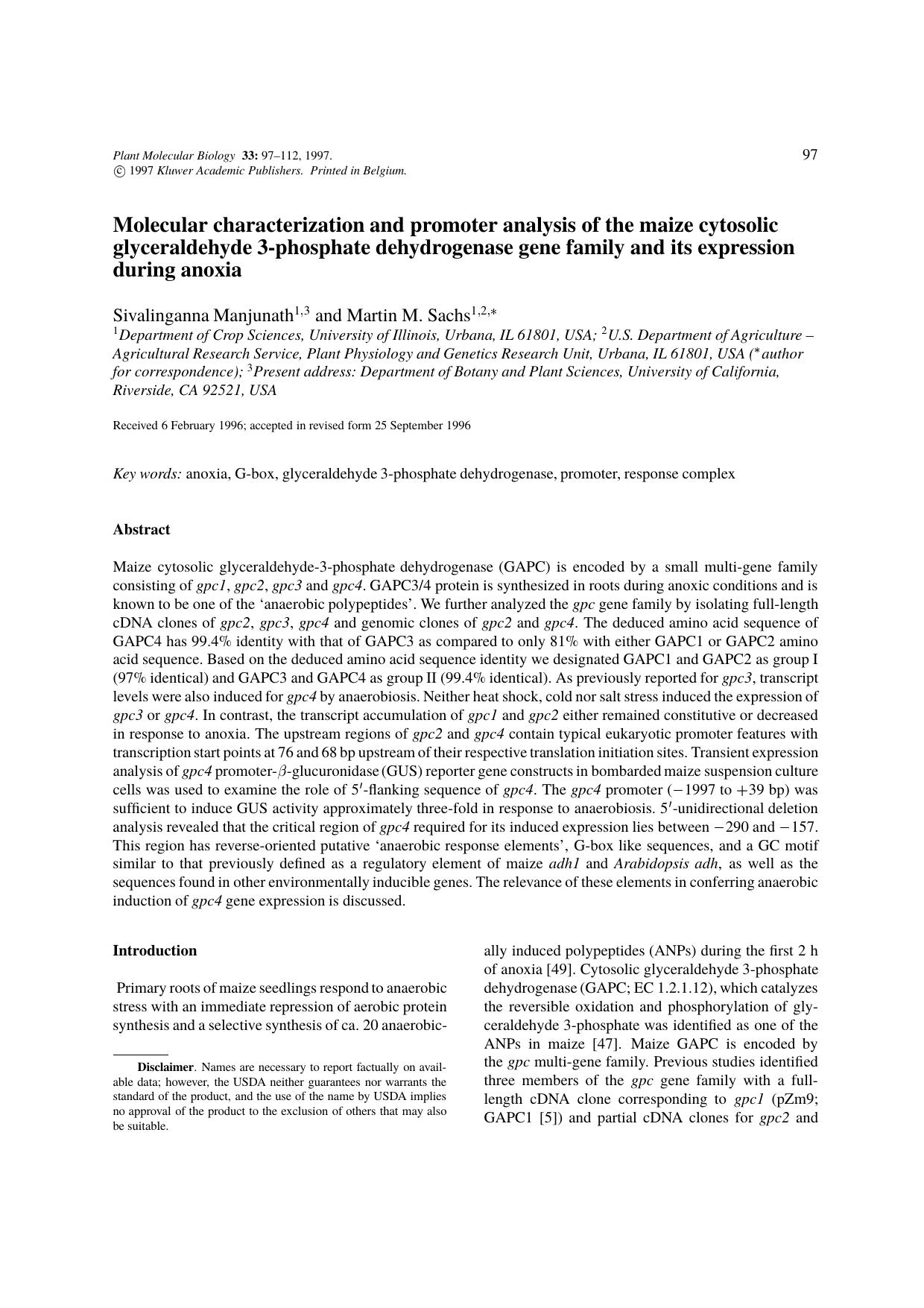 Molecular characterization and promoter analysis of the maize cytosolic glyceraldehyde 3-phosphate dehydrogenase gene family and its expression during anoxia by Unknown