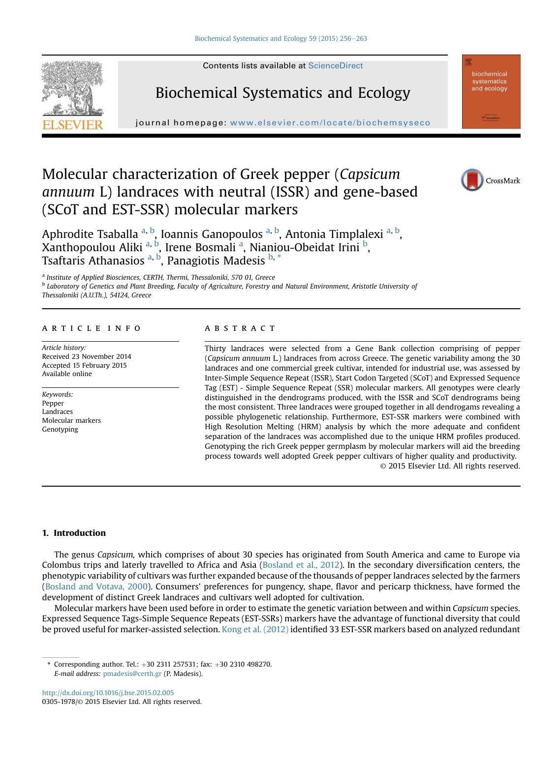 Molecular characterization of Greek pepper (Capsicum annuum L) landraces with neutral (ISSR) and gene-based (SCoT and EST-SSR) molecular markers by unknow