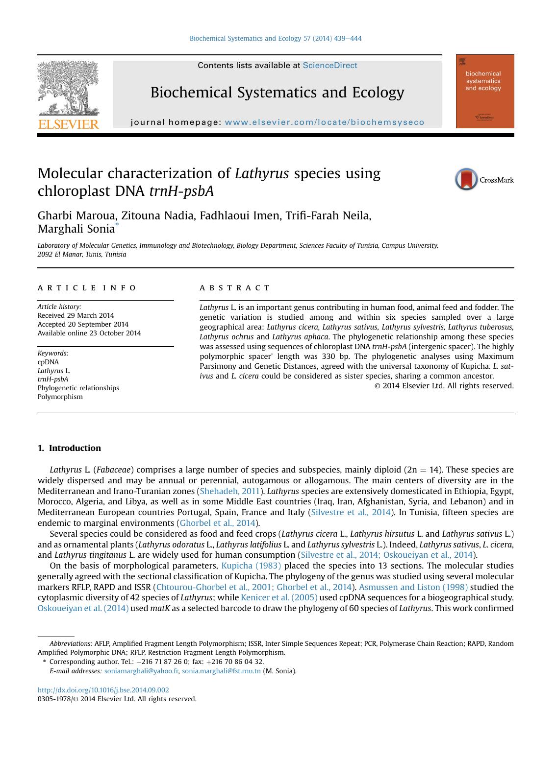 Molecular characterization of Lathyrus species using chloroplast DNA trnH-psbA by Gharbi Maroua & Zitouna Nadia & Fadhlaoui Imen & Trifi-Farah Neila & Marghali Sonia