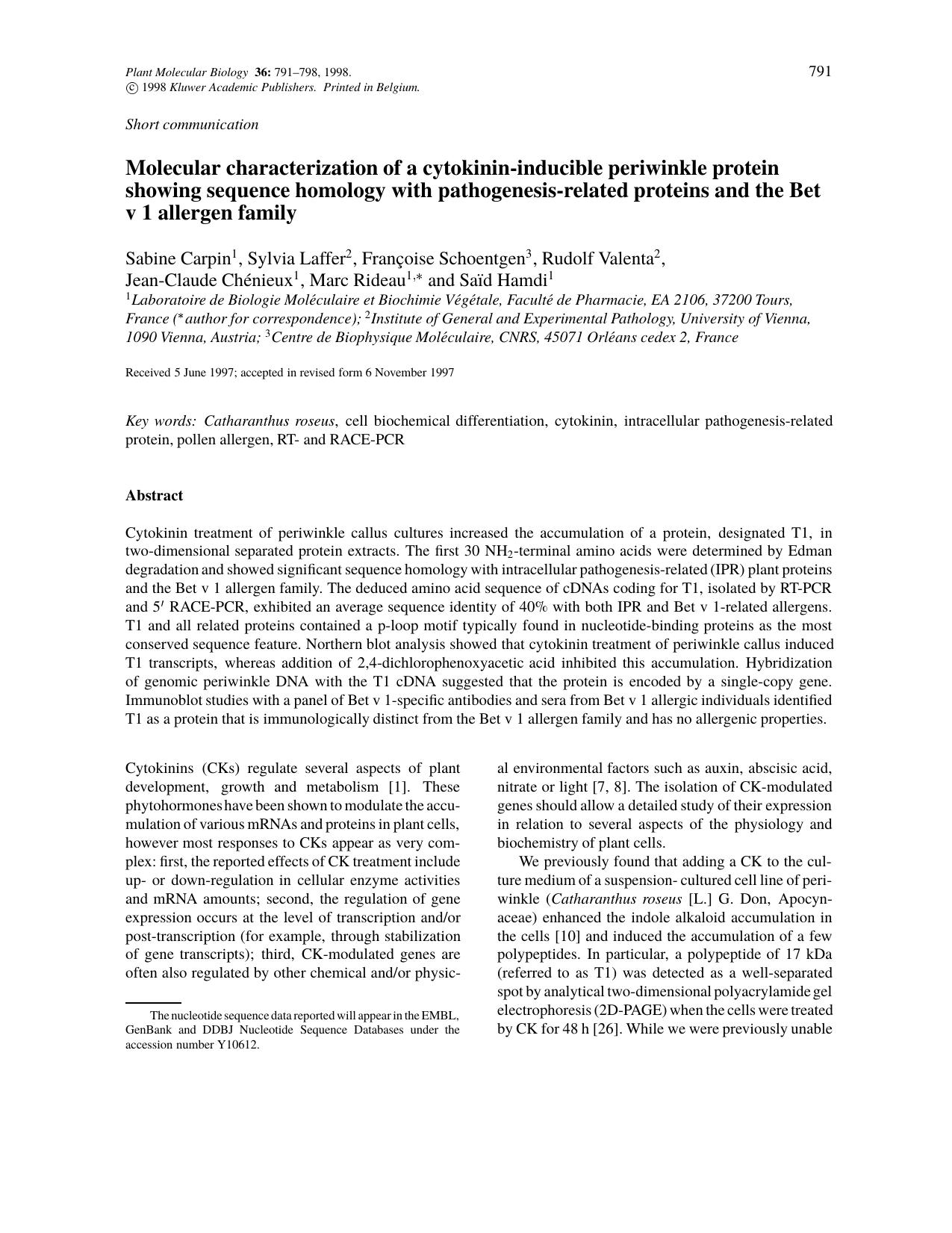 Molecular characterization of a cytokinin-inducible periwinkle protein showing sequence homology with pathogenesis-related proteins and the Bet v 1 allergen family by Unknown